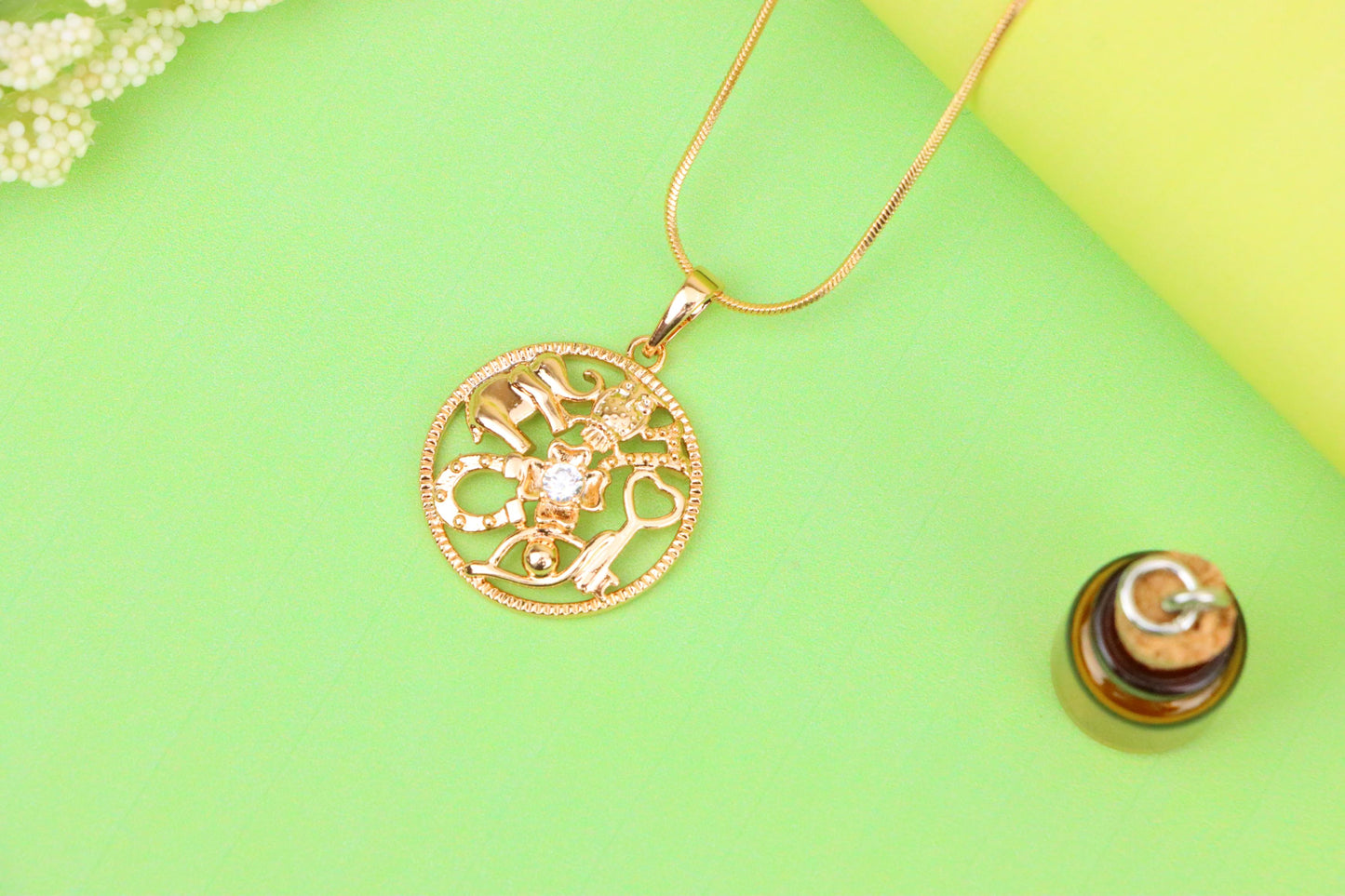 Round Rose Gold Pendant with Religious Motifs and Center Stone, XPPT1442 (2136-6)