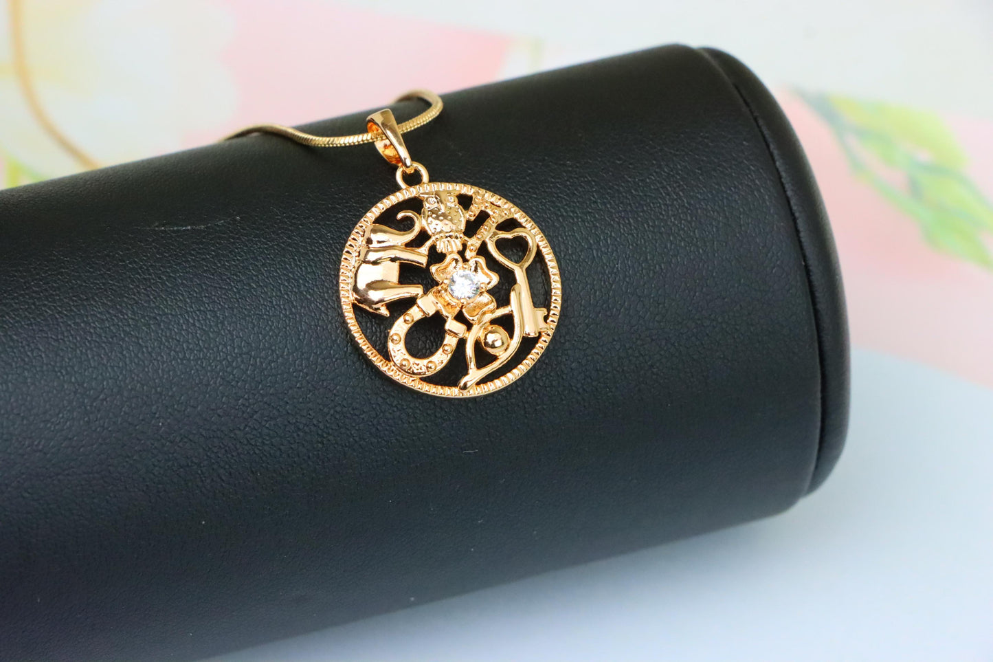 Round Rose Gold Pendant with Religious Motifs and Center Stone, XPPT1442 (2136-6)