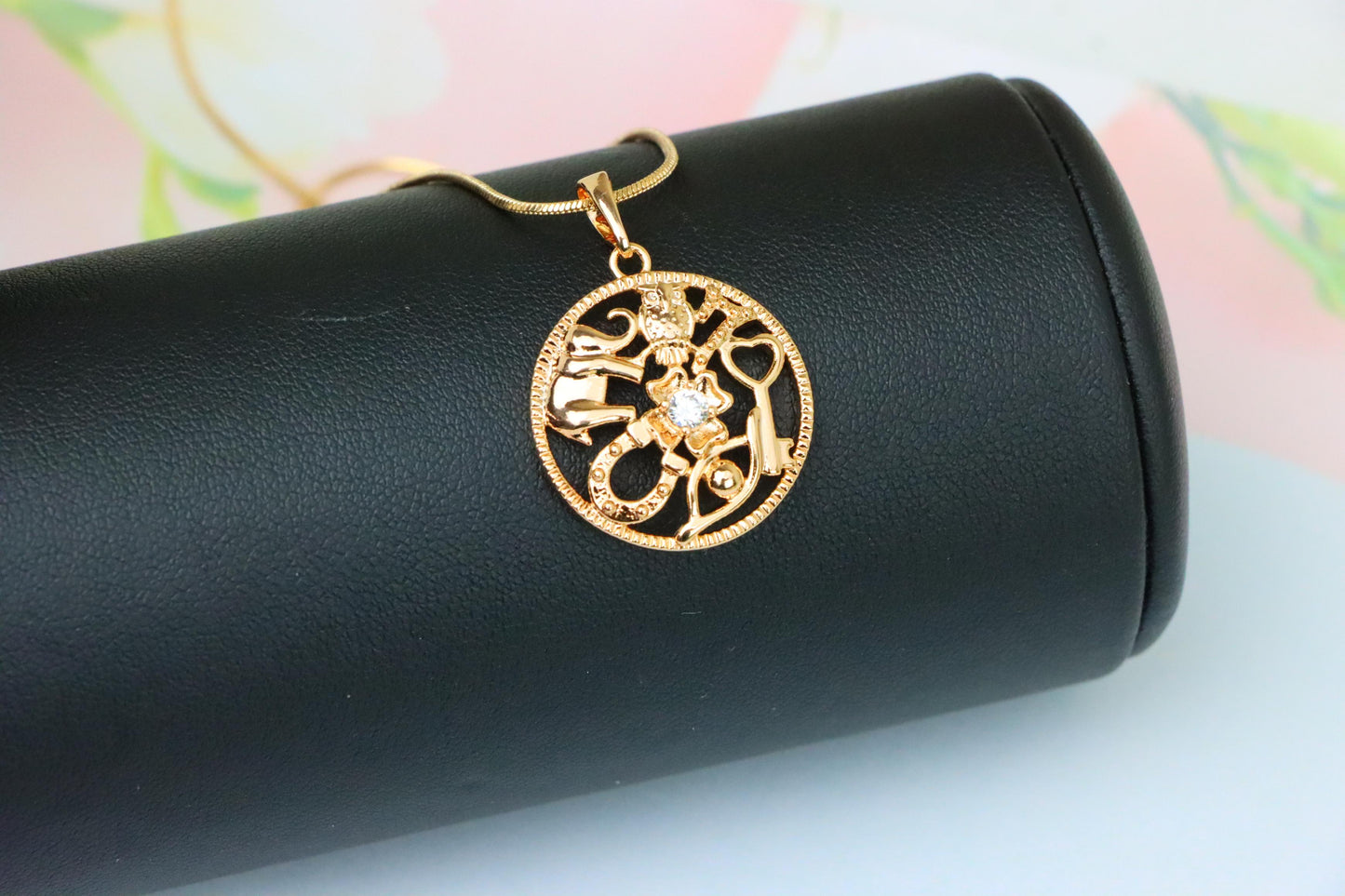 Round Rose Gold Pendant with Religious Motifs and Center Stone, XPPT1442 (2136-6)