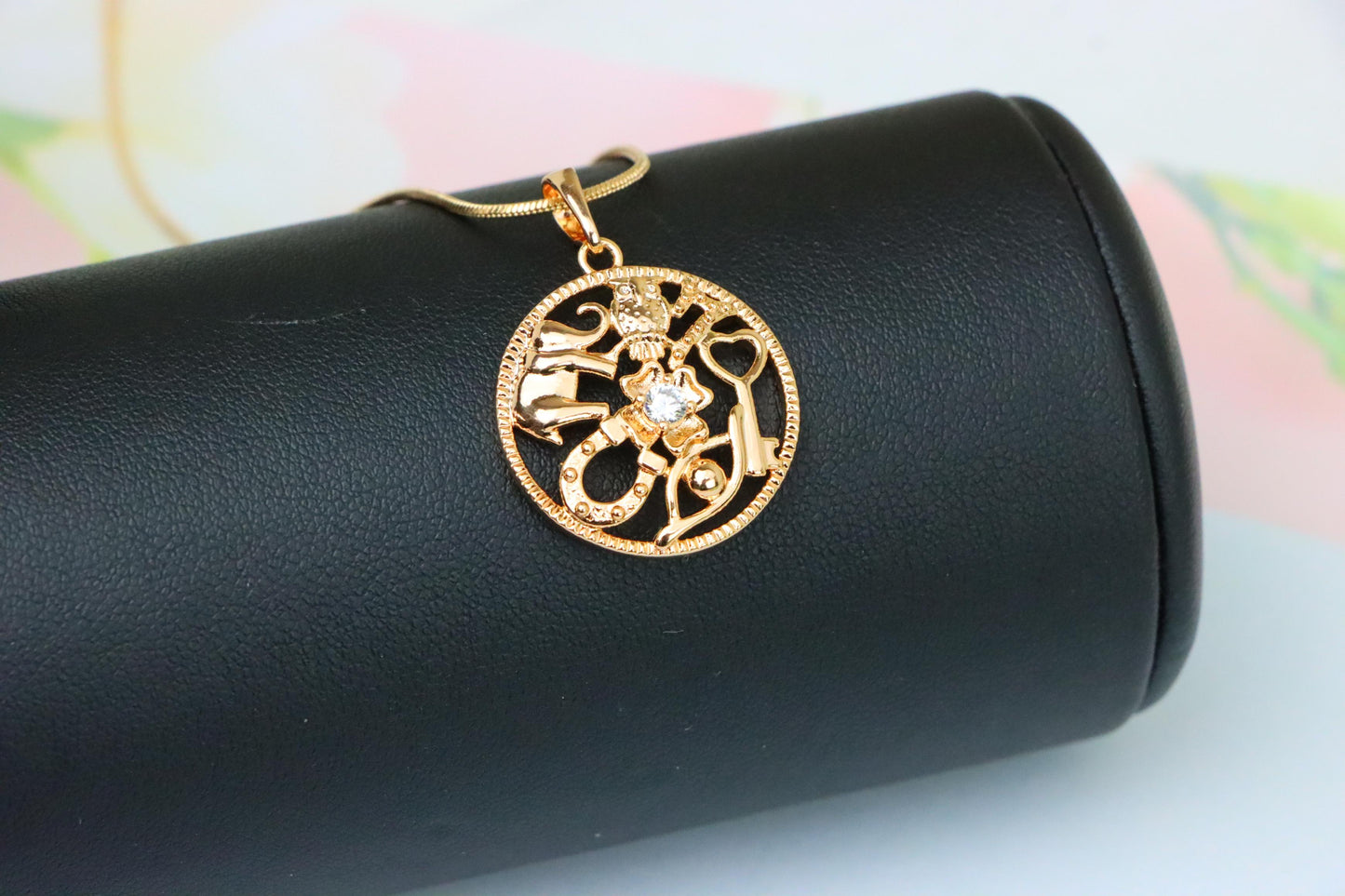 Round Rose Gold Pendant with Religious Motifs and Center Stone, XPPT1442 (2136-6)