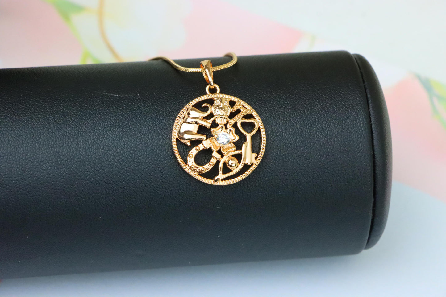 Round Rose Gold Pendant with Religious Motifs and Center Stone, XPPT1442 (2136-6)