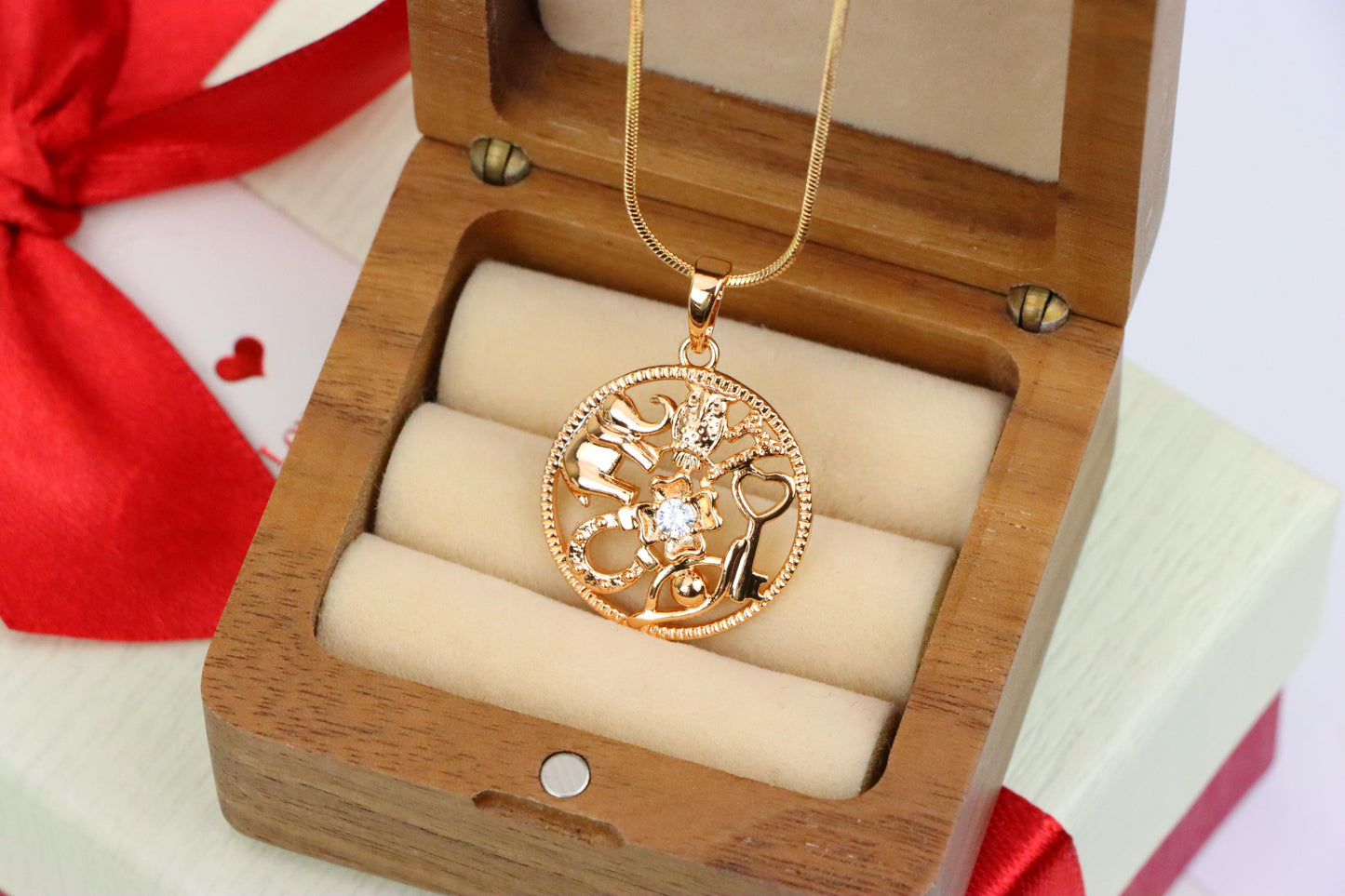 Round Rose Gold Pendant with Religious Motifs and Center Stone, XPPT1442 (2136-6)