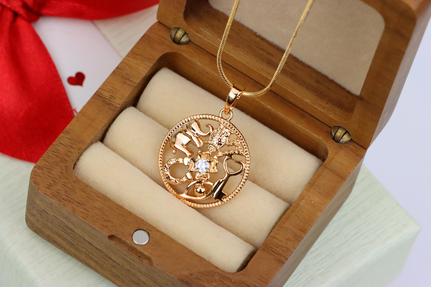 Round Rose Gold Pendant with Religious Motifs and Center Stone, XPPT1442 (2136-6)