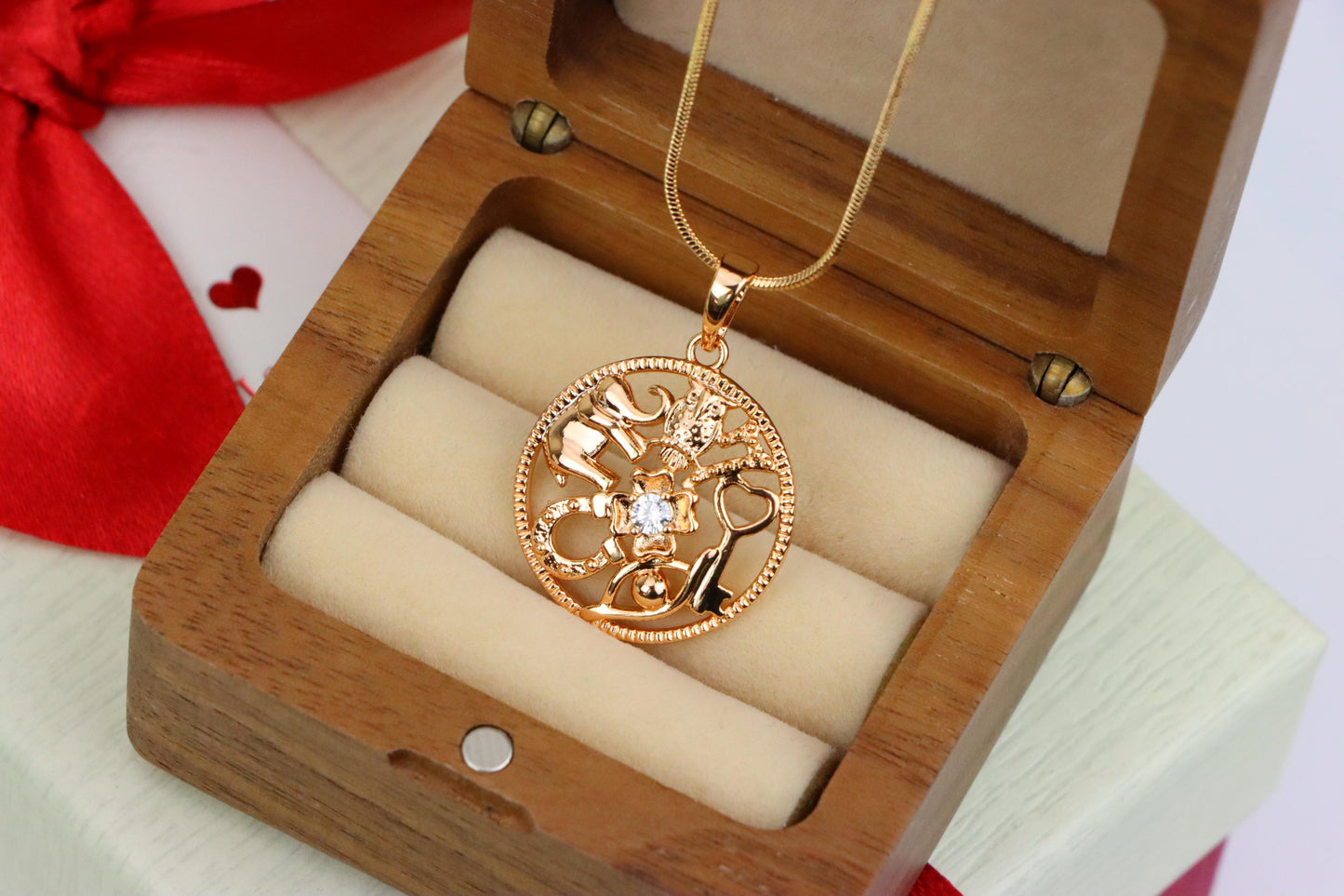 Round Rose Gold Pendant with Religious Motifs and Center Stone, XPPT1442 (2136-6)