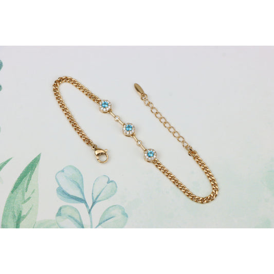 Rose Gold Blue Halo CZ Bracelet with Chain Links, Elegant Everyday Sparkle, XPBL0747 (2075-6)