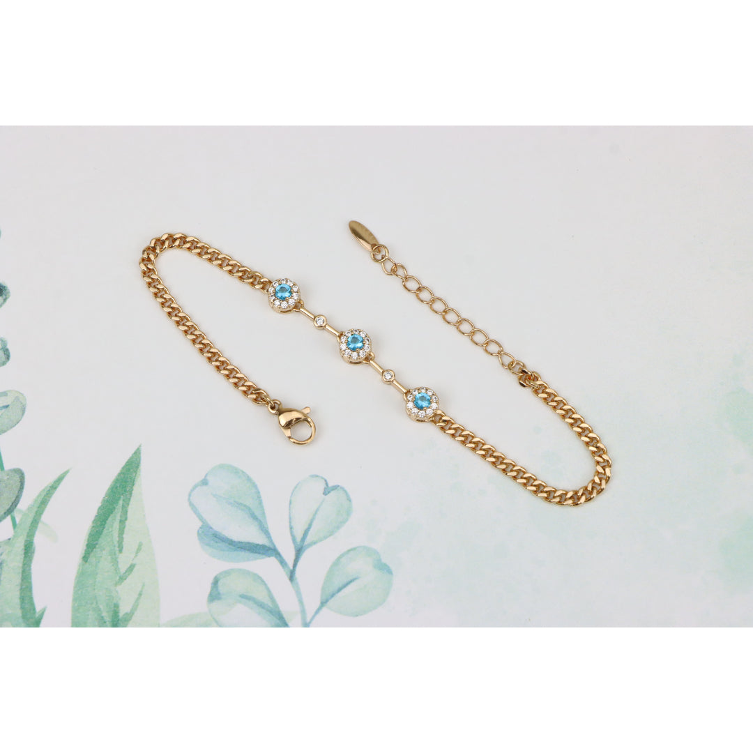 Rose Gold Blue Halo CZ Bracelet with Chain Links, Elegant Everyday Sparkle, XPBL0747 (2075-6)
