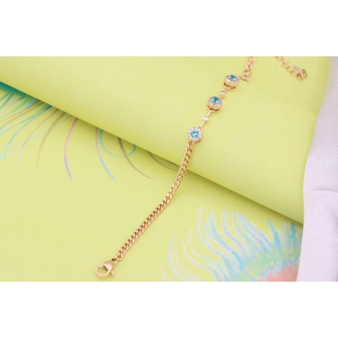 Rose Gold Blue Halo CZ Bracelet with Chain Links, Elegant Everyday Sparkle, XPBL0747 (2075-6)
