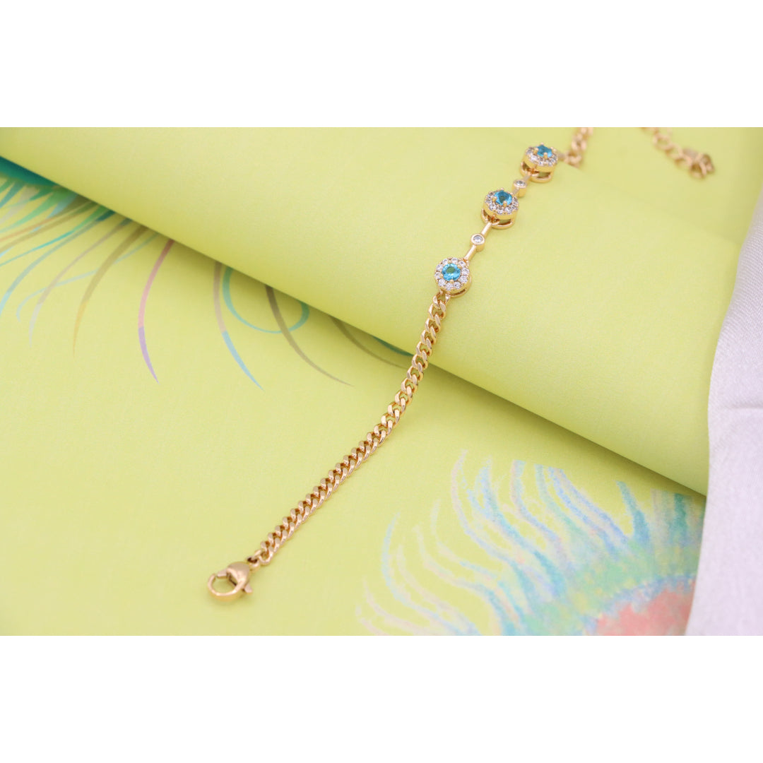 Rose Gold Blue Halo CZ Bracelet with Chain Links, Elegant Everyday Sparkle, XPBL0747 (2075-6)