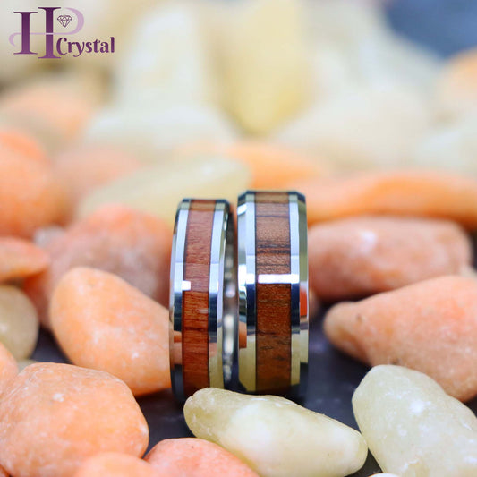 High Polished with Mahogany Wood Inlay Beveled Edge Tungsten Ring (MARET802)
