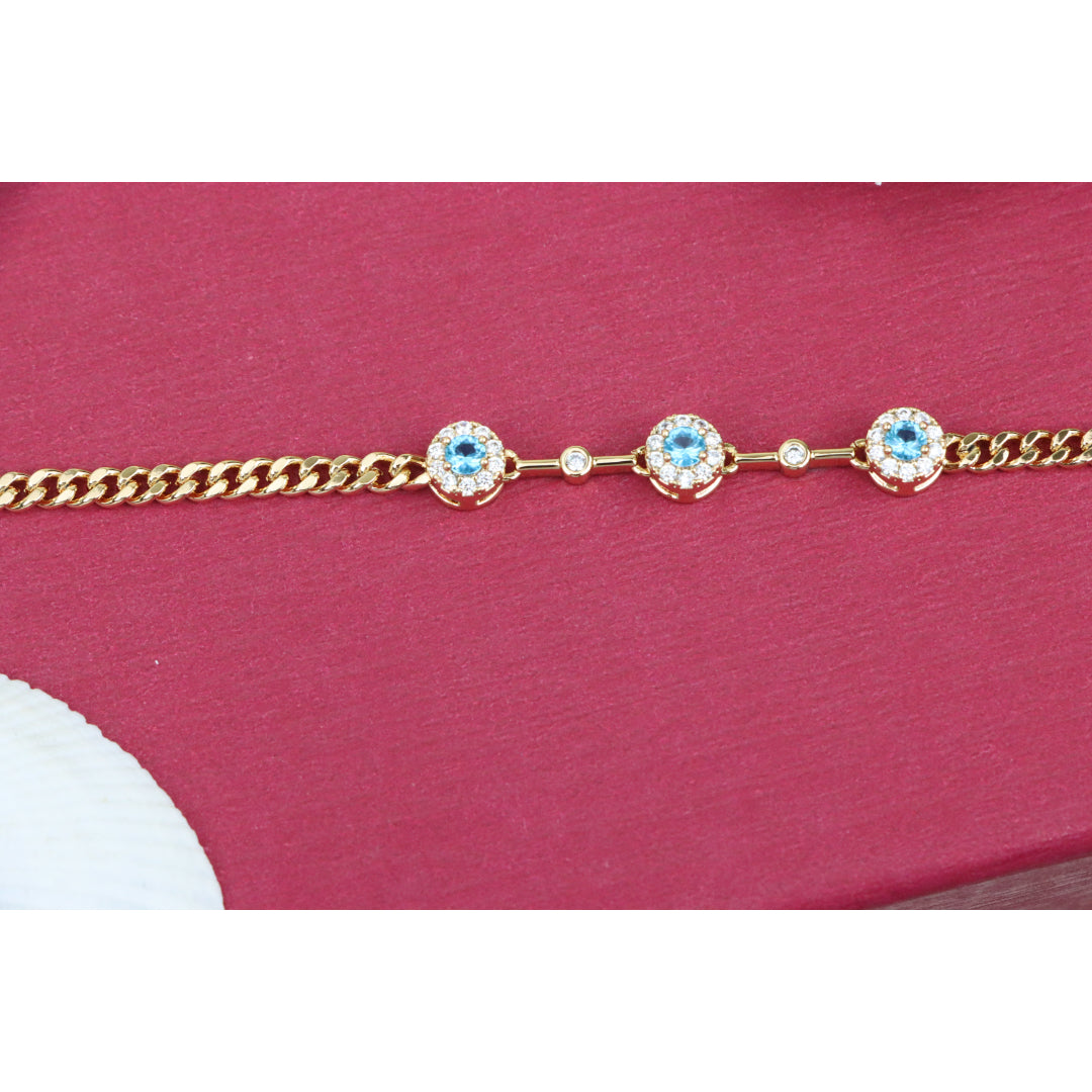 Rose Gold Blue Halo CZ Bracelet with Chain Links, Elegant Everyday Sparkle, XPBL0747 (2075-6)