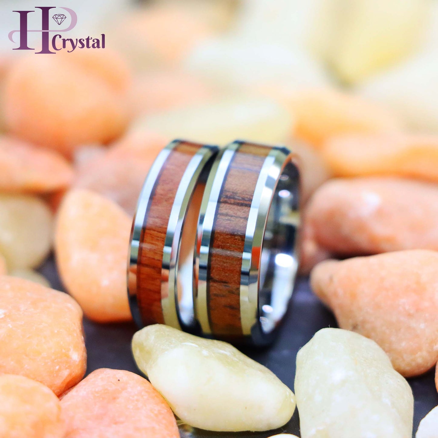 High Polished with Mahogany Wood Inlay Beveled Edge Tungsten Ring