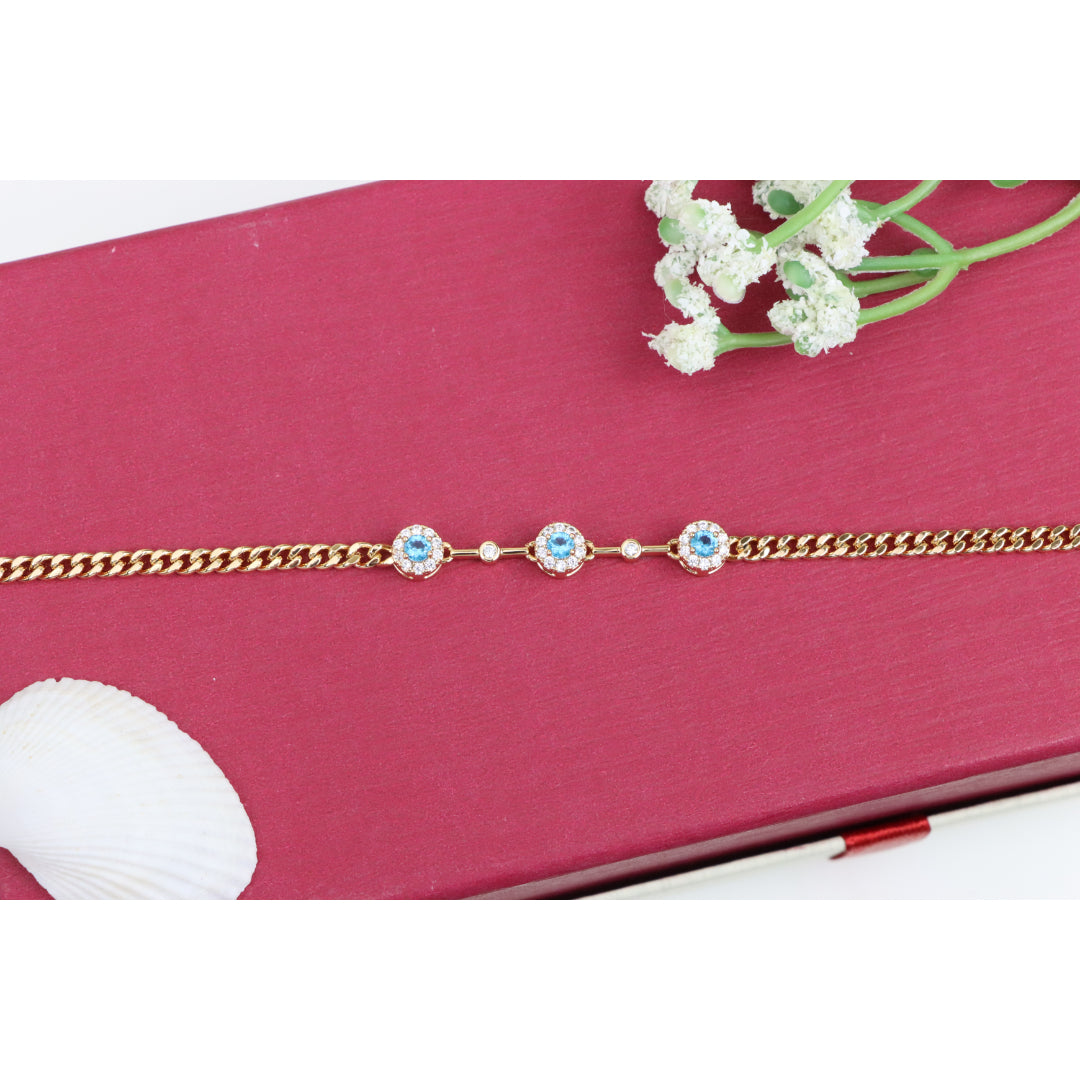 Rose Gold Blue Halo CZ Bracelet with Chain Links, Elegant Everyday Sparkle, XPBL0747 (2075-6)
