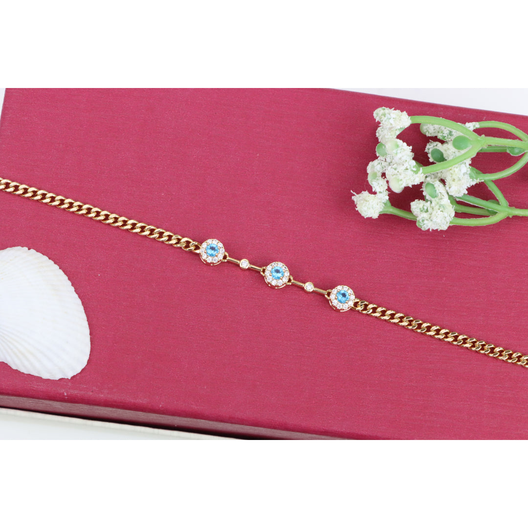 Rose Gold Blue Halo CZ Bracelet with Chain Links, Elegant Everyday Sparkle, XPBL0747 (2075-6)
