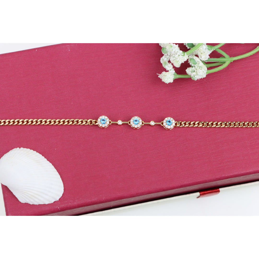 Rose Gold Blue Halo CZ Bracelet with Chain Links, Elegant Everyday Sparkle, XPBL0747 (2075-6)
