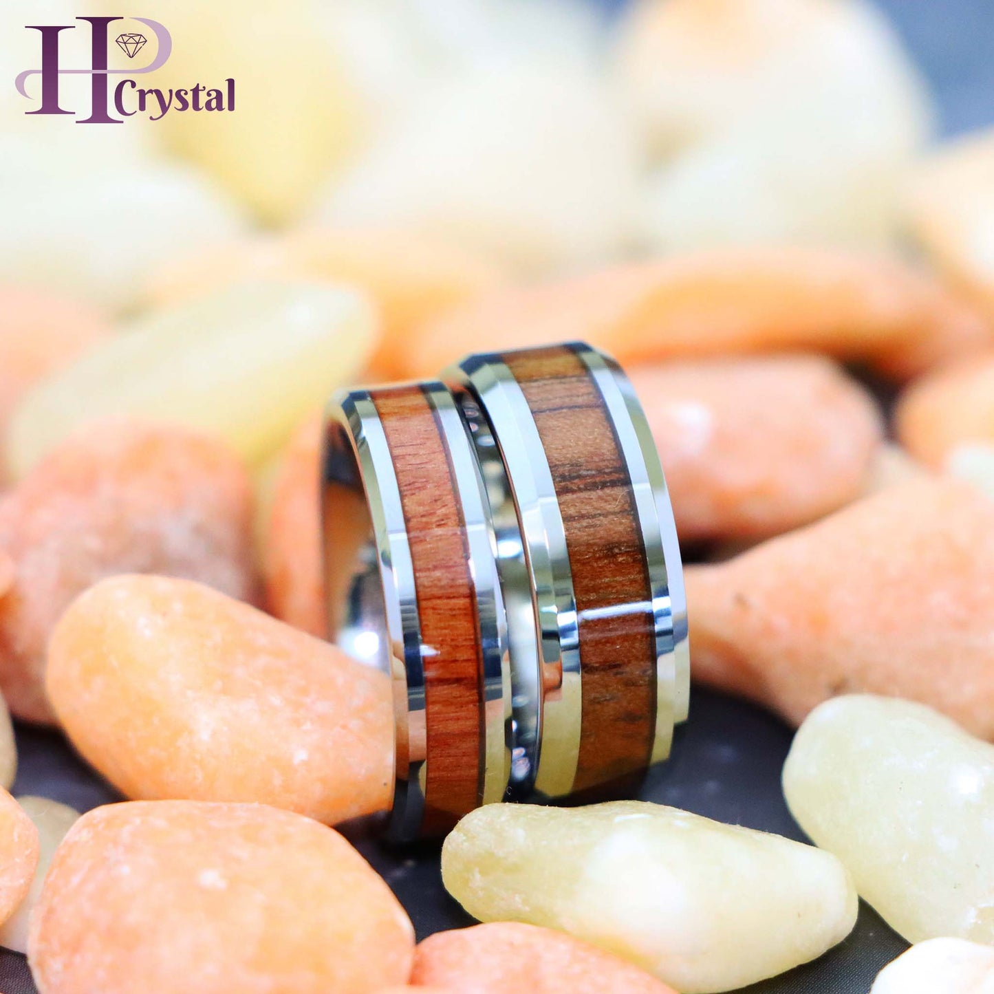 High Polished with Mahogany Wood Inlay Beveled Edge Tungsten Ring