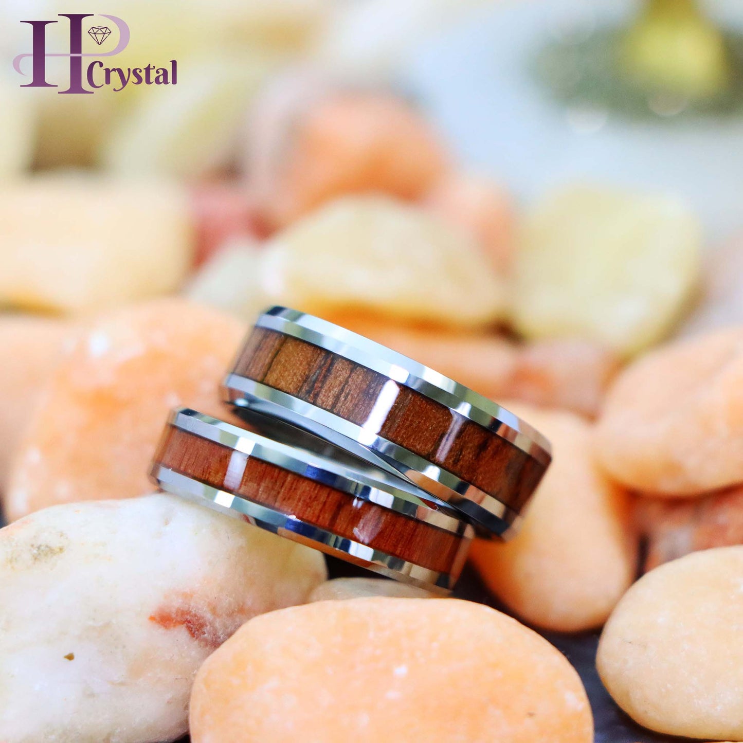 High Polished with Mahogany Wood Inlay Beveled Edge Tungsten Ring