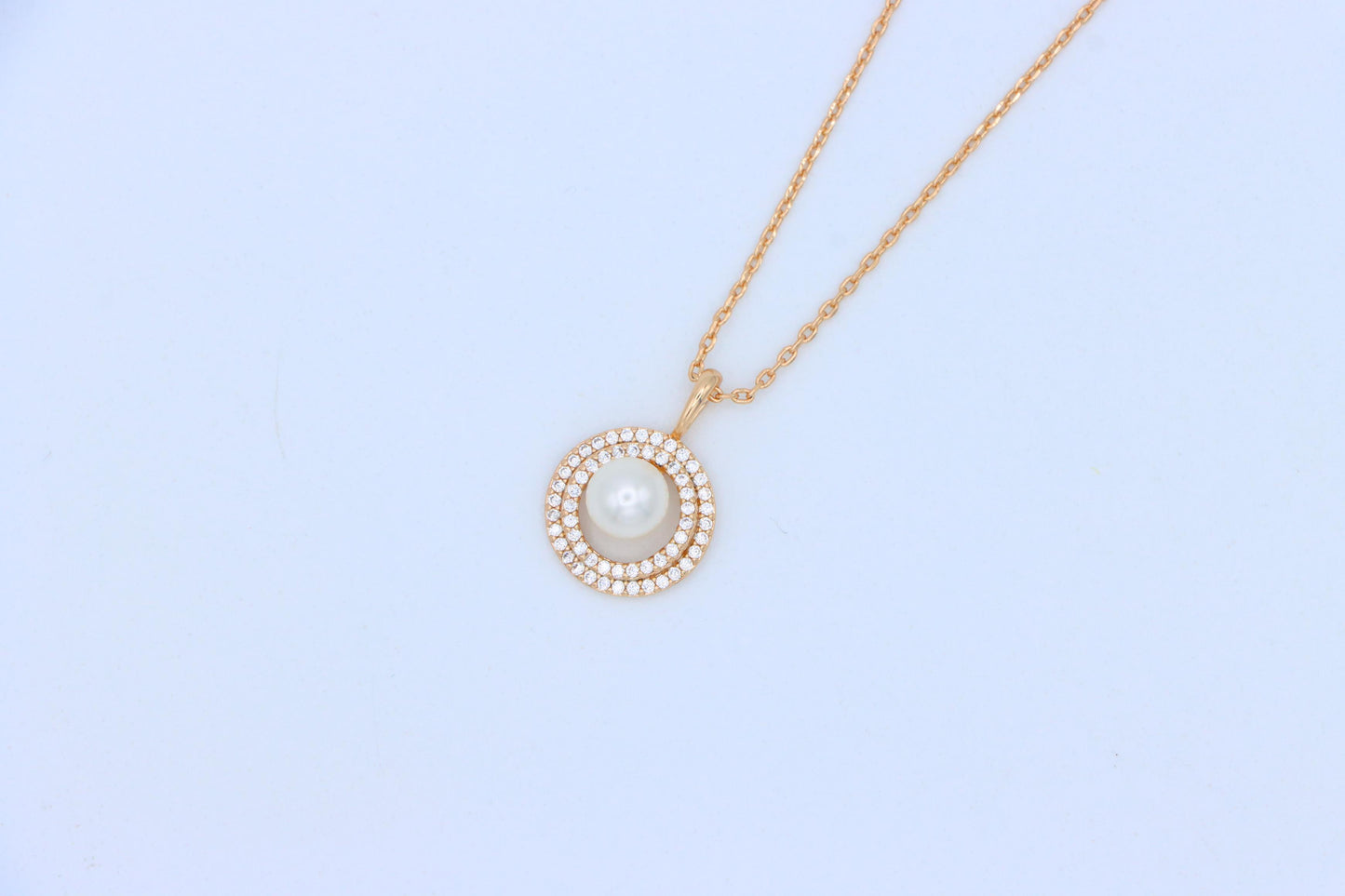 Elegant Rose Gold Pearl Pendant Necklace with Double Halo Design, XPNL1902 (2161-5)