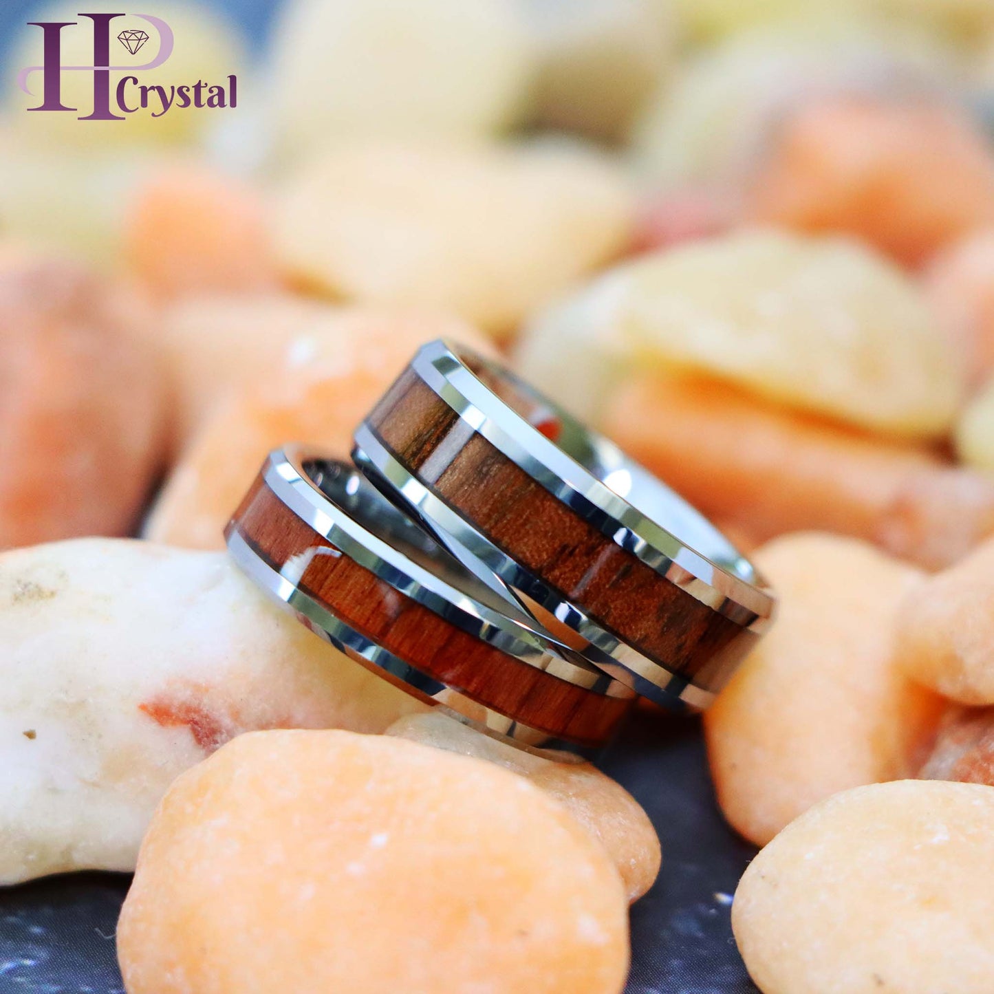 High Polished with Mahogany Wood Inlay Beveled Edge Tungsten Ring