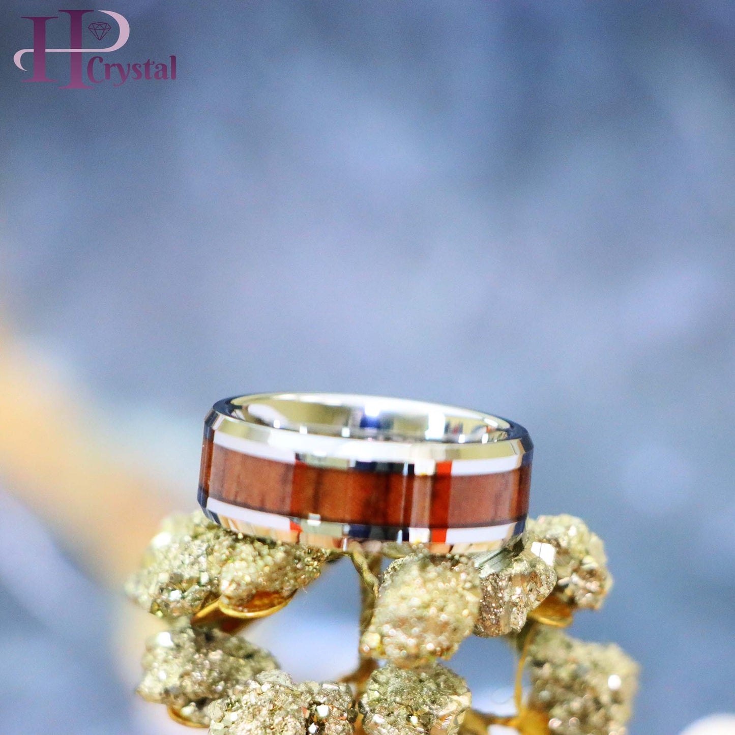 High Polished with Mahogany Wood Inlay Beveled Edge Tungsten Ring