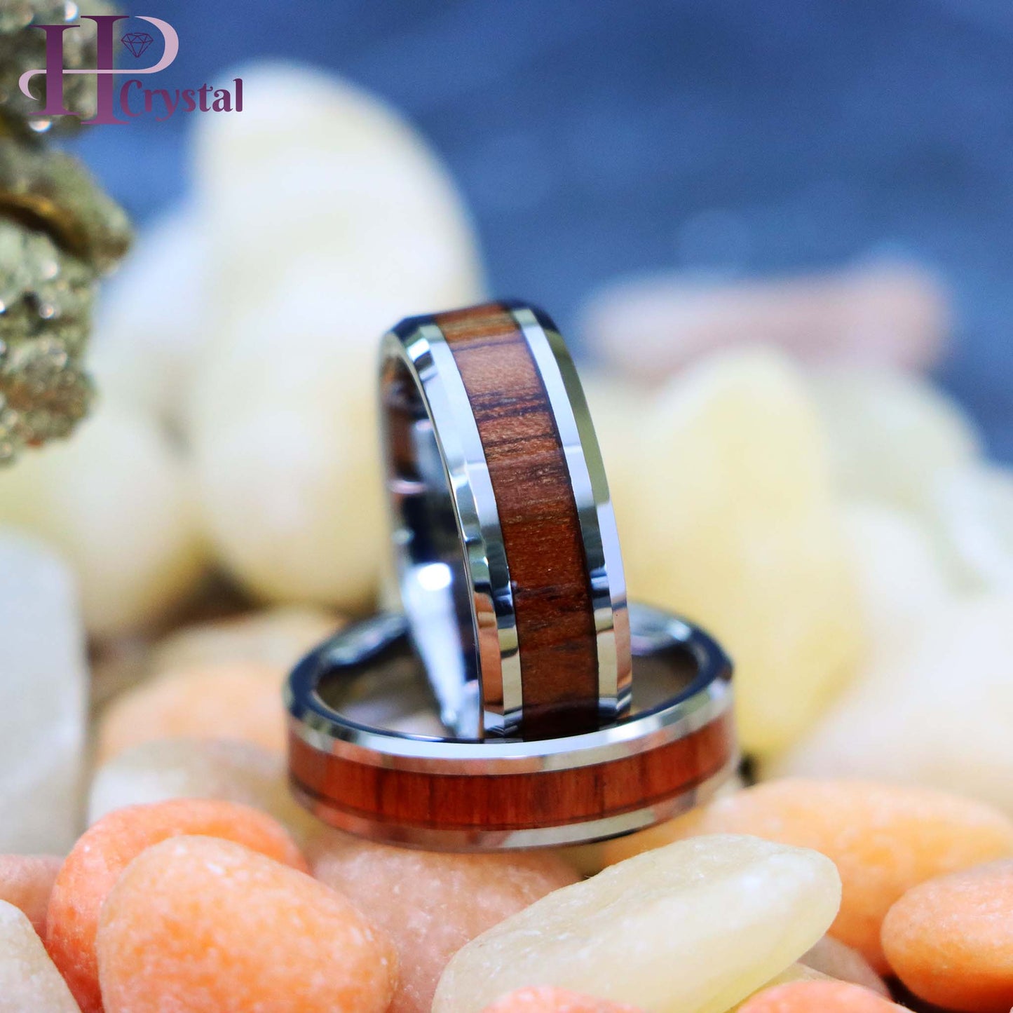 High Polished with Mahogany Wood Inlay Beveled Edge Tungsten Ring