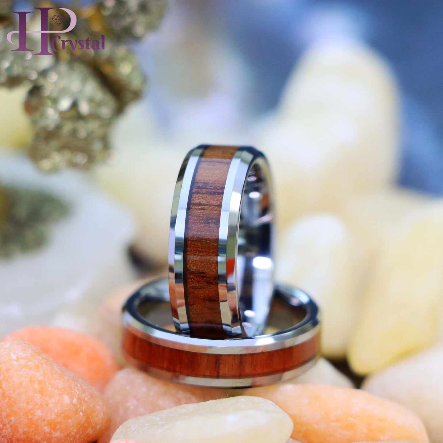 High Polished with Mahogany Wood Inlay Beveled Edge Tungsten Ring