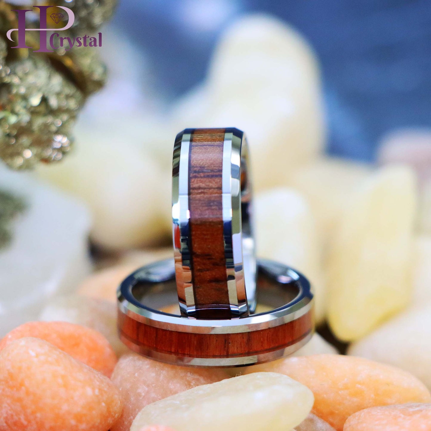 High Polished with Mahogany Wood Inlay Beveled Edge Tungsten Ring