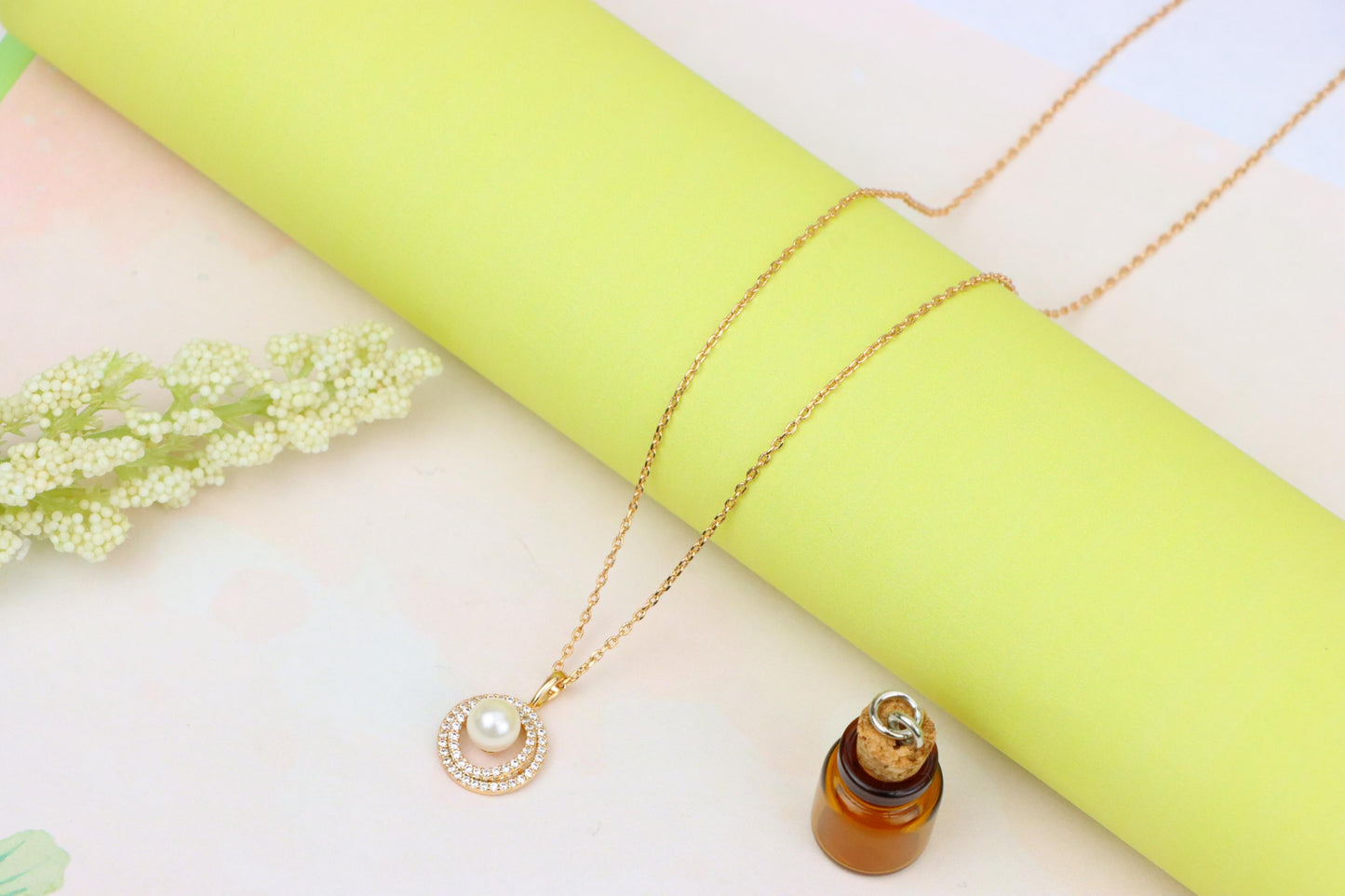 Elegant Rose Gold Pearl Pendant Necklace with Double Halo Design, XPNL1902 (2161-5)
