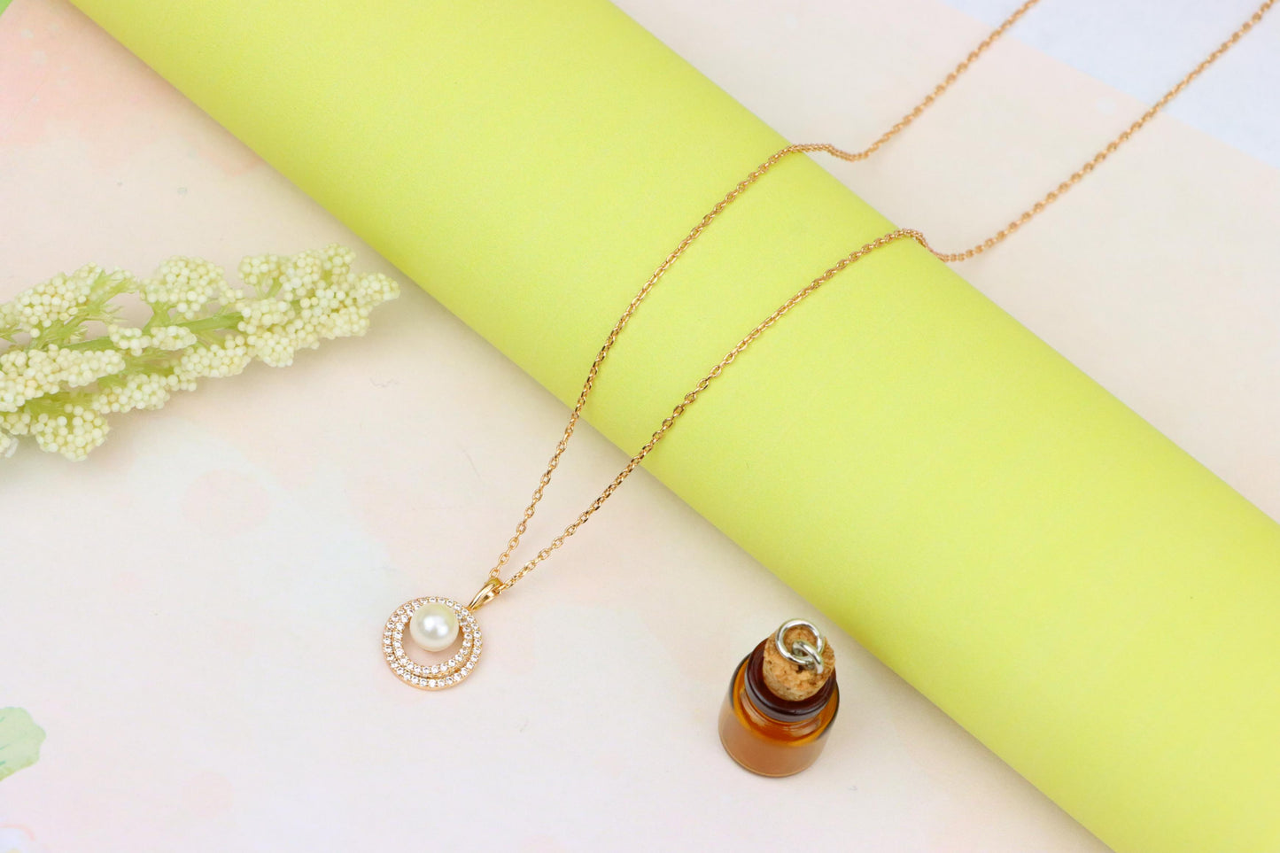 Elegant Rose Gold Pearl Pendant Necklace with Double Halo Design, XPNL1902 (2161-5)