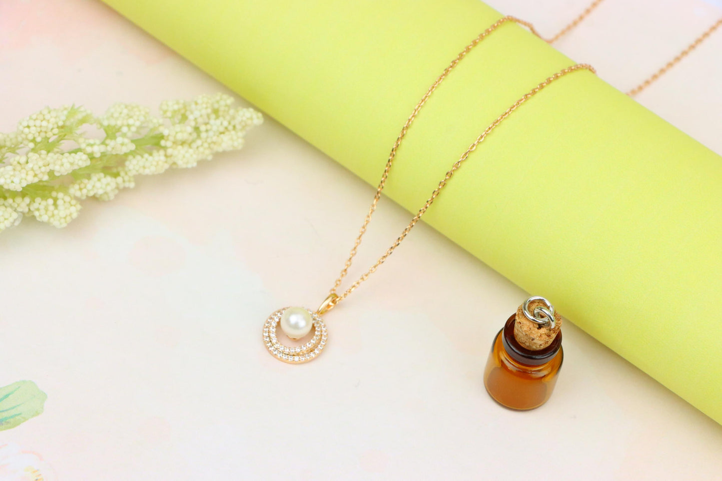 Elegant Rose Gold Pearl Pendant Necklace with Double Halo Design, XPNL1902 (2161-5)