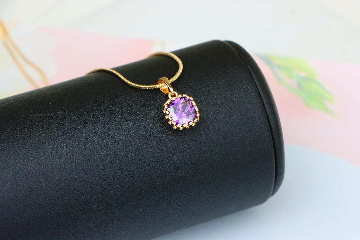 Rose Gold Pendant with Purple Cushion Stone and Beaded Border, XPPT1444 (2136-8)