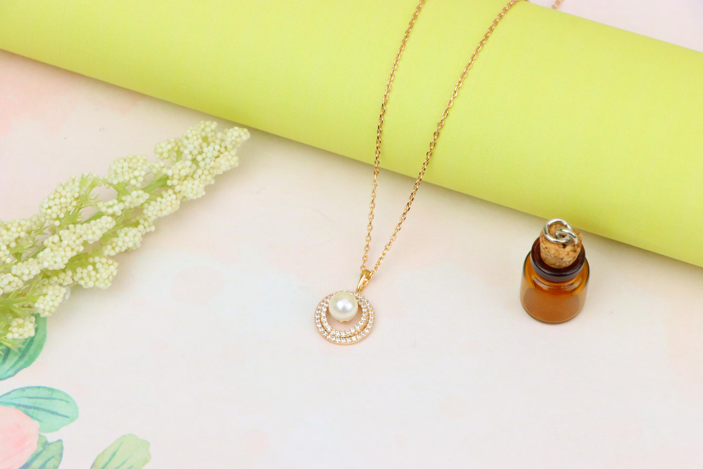 Elegant Rose Gold Pearl Pendant Necklace with Double Halo Design, XPNL1902 (2161-5)