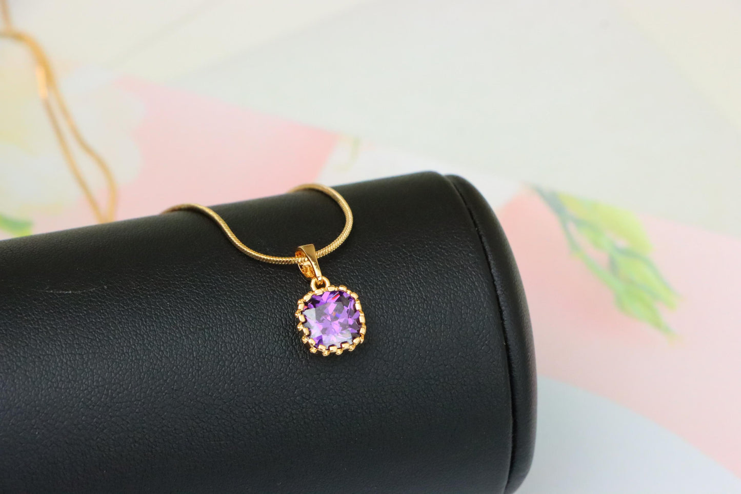 Rose Gold Pendant with Purple Cushion Stone and Beaded Border, XPPT1444 (2136-8)