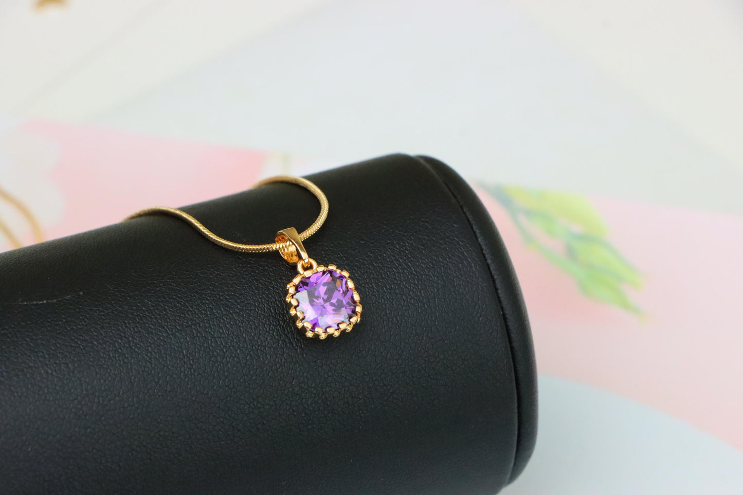 Rose Gold Pendant with Purple Cushion Stone and Beaded Border, XPPT1444 (2136-8)