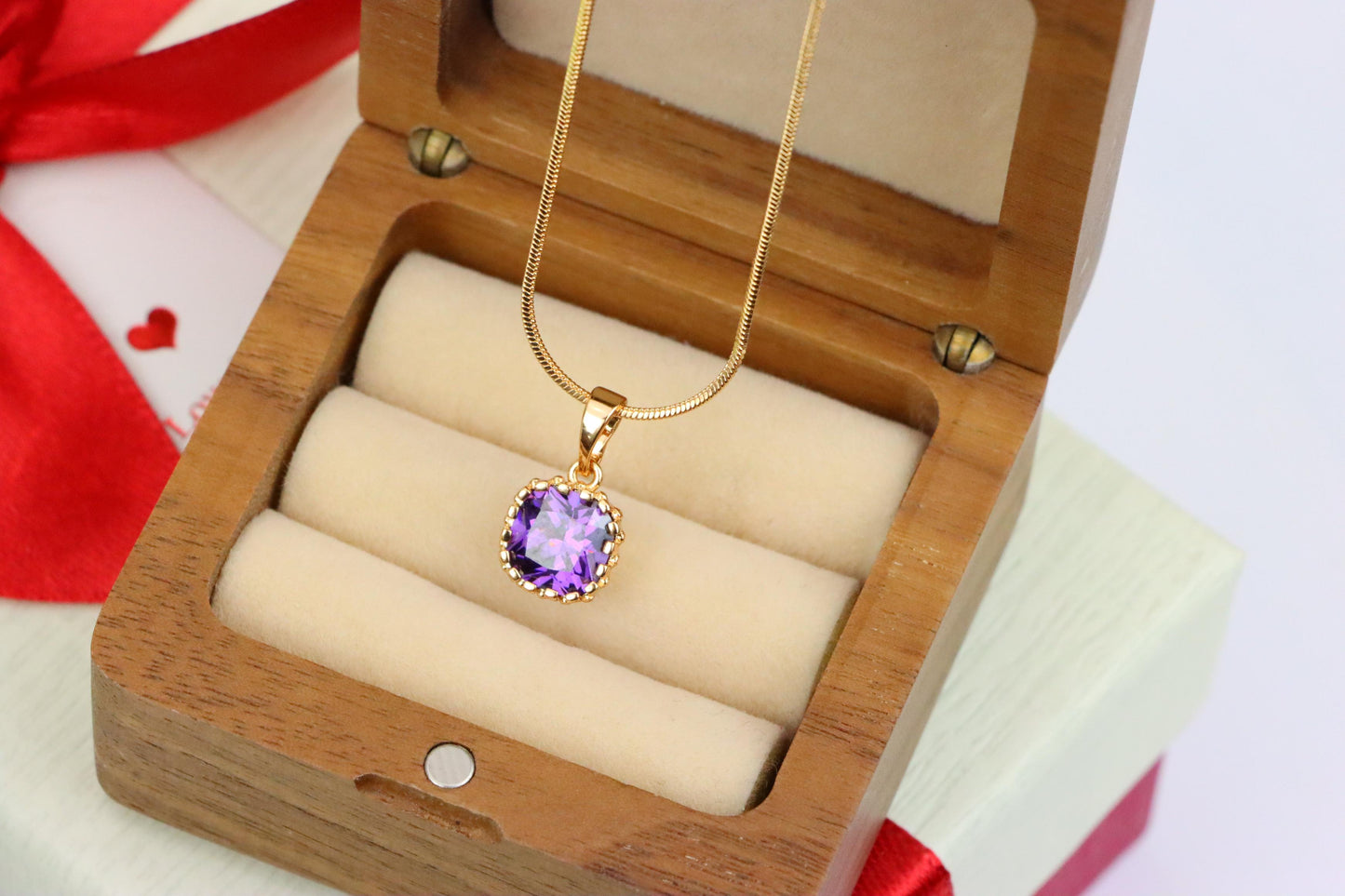 Rose Gold Pendant with Purple Cushion Stone and Beaded Border, XPPT1444 (2136-8)
