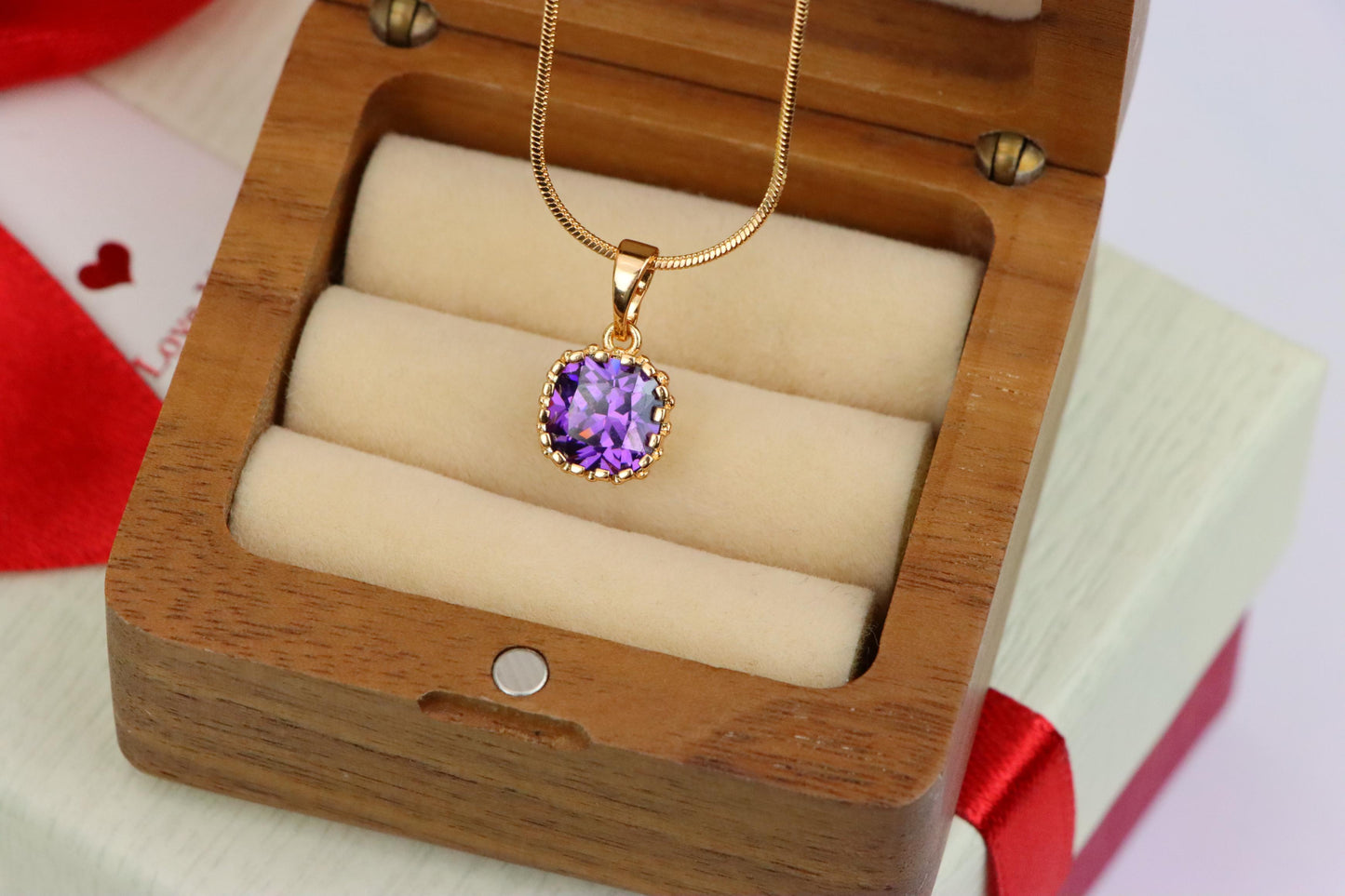 Rose Gold Pendant with Purple Cushion Stone and Beaded Border, XPPT1444 (2136-8)
