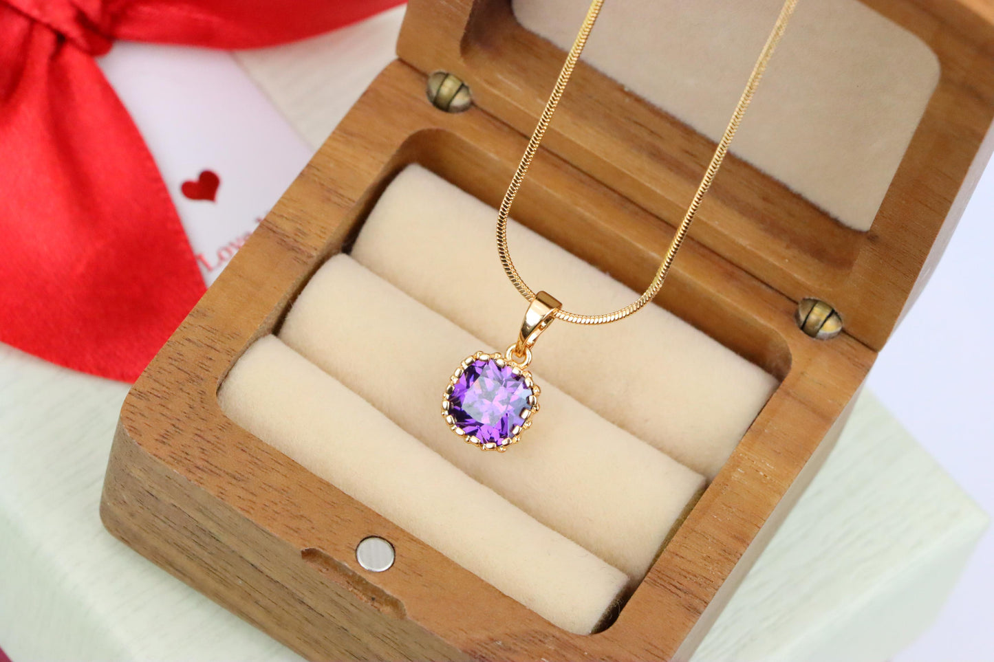 Rose Gold Pendant with Purple Cushion Stone and Beaded Border, XPPT1444 (2136-8)