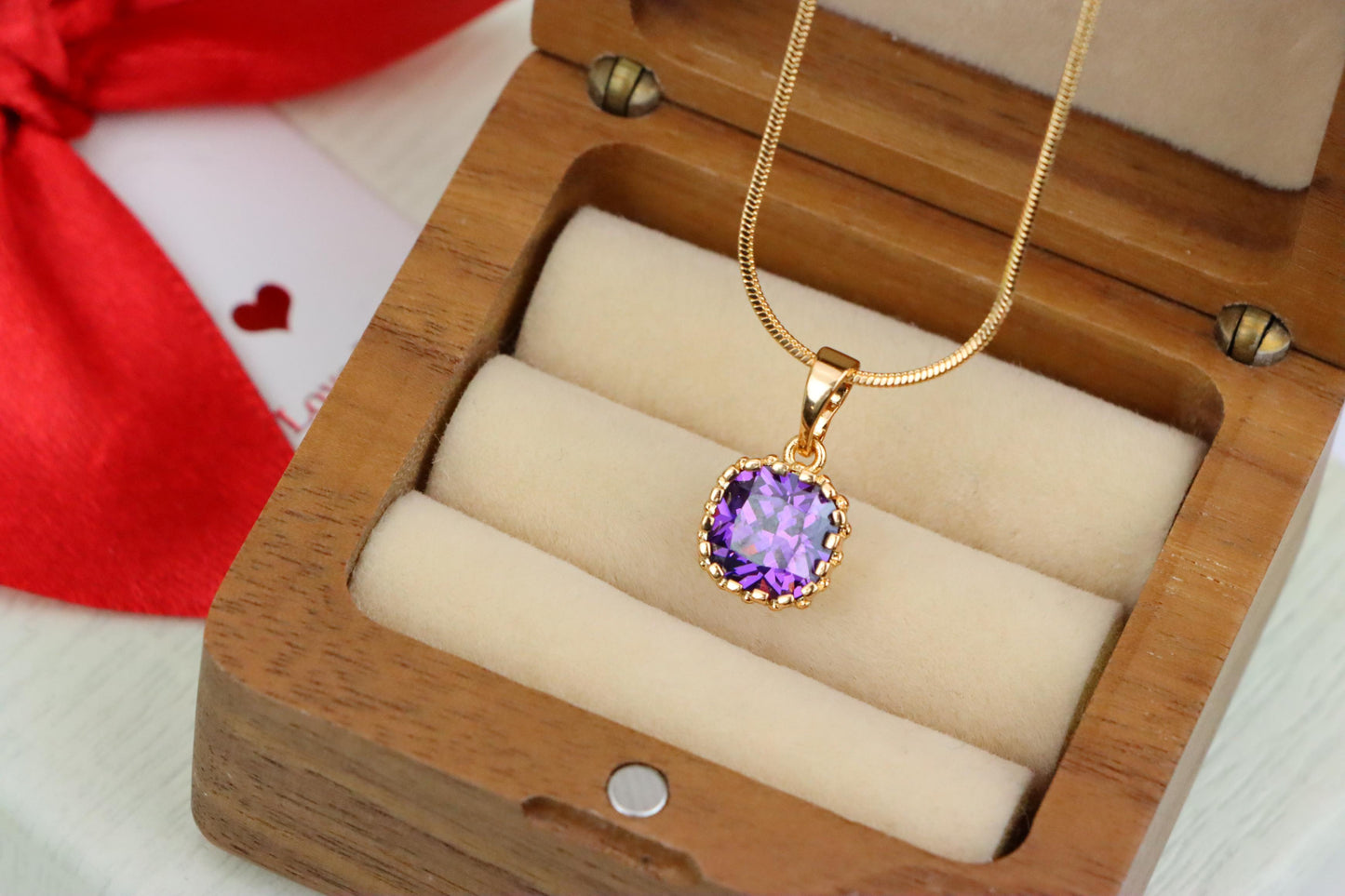 Rose Gold Pendant with Purple Cushion Stone and Beaded Border, XPPT1444 (2136-8)