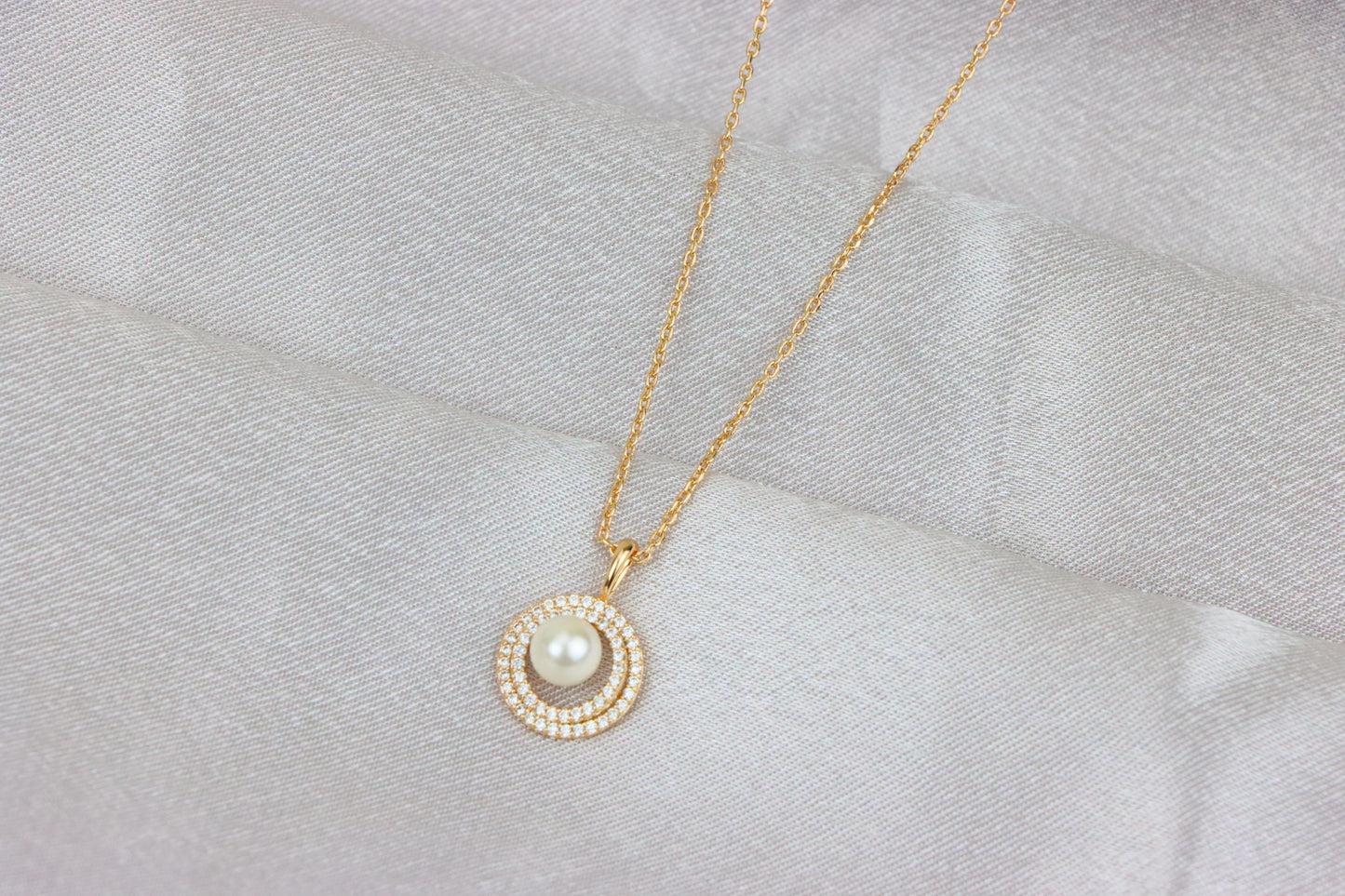 Elegant Rose Gold Pearl Pendant Necklace with Double Halo Design, XPNL1902 (2161-5)