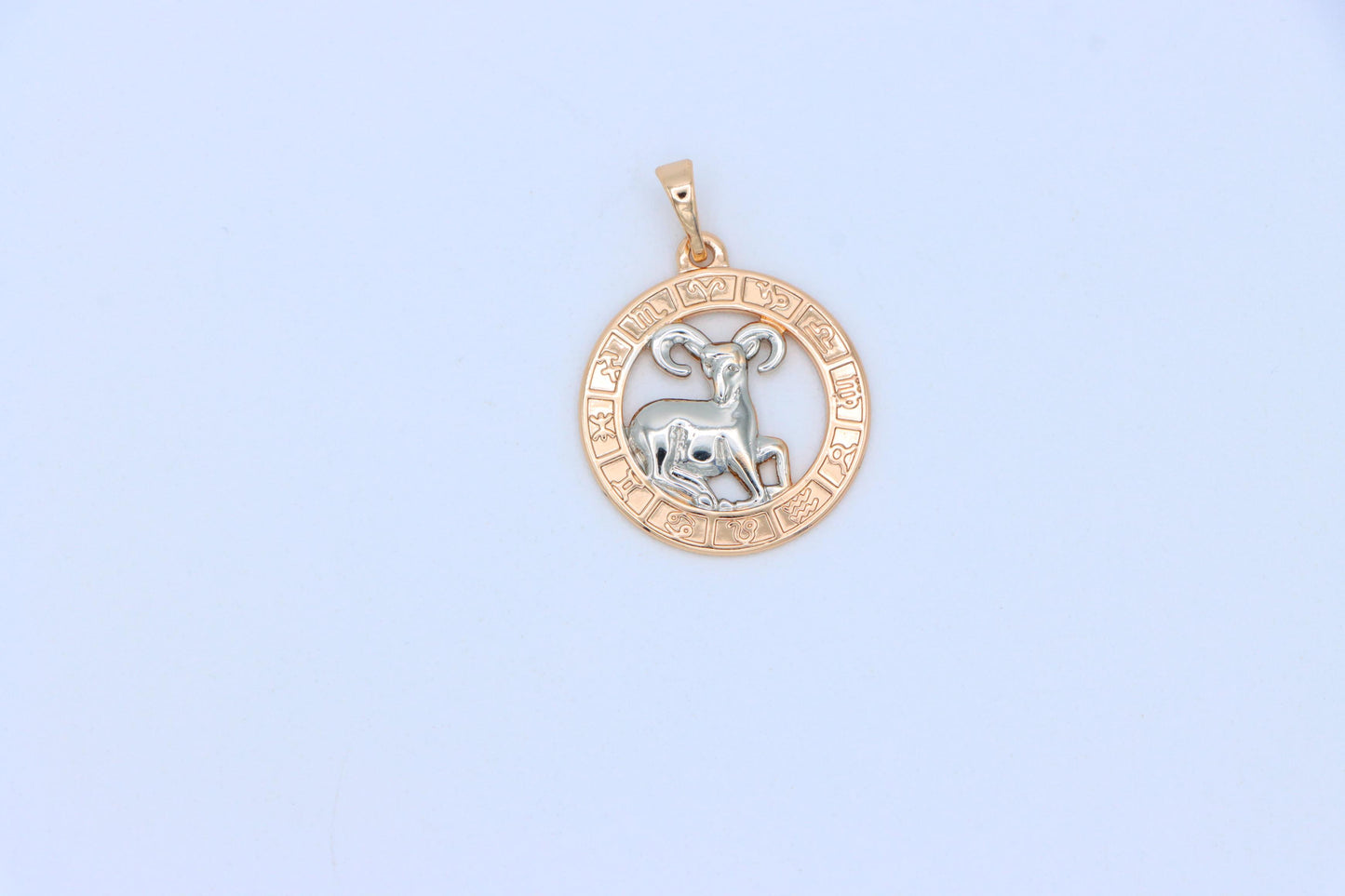 Rose Gold Zodiac Pendant with Ram Motif and Symbolic Border, XPPT1445 (2136-9)