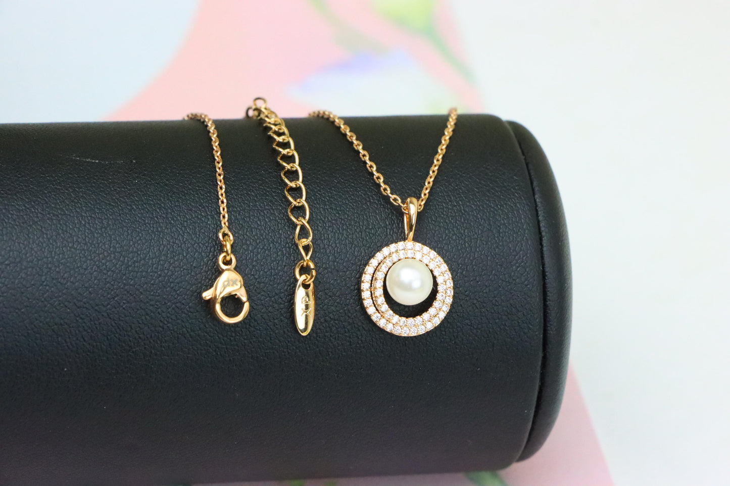Elegant Rose Gold Pearl Pendant Necklace with Double Halo Design, XPNL1902 (2161-5)