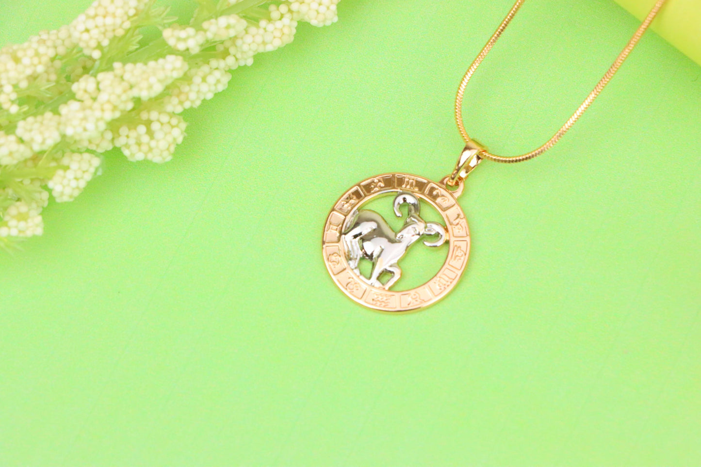 Rose Gold Zodiac Pendant with Ram Motif and Symbolic Border, XPPT1445 (2136-9)