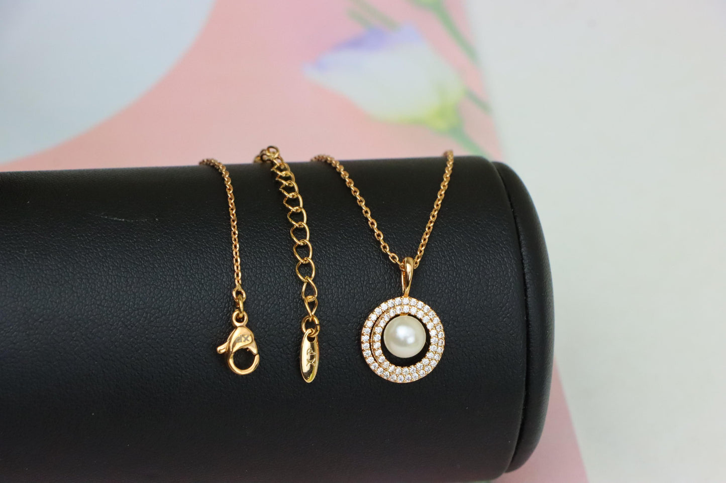 Elegant Rose Gold Pearl Pendant Necklace with Double Halo Design, XPNL1902 (2161-5)