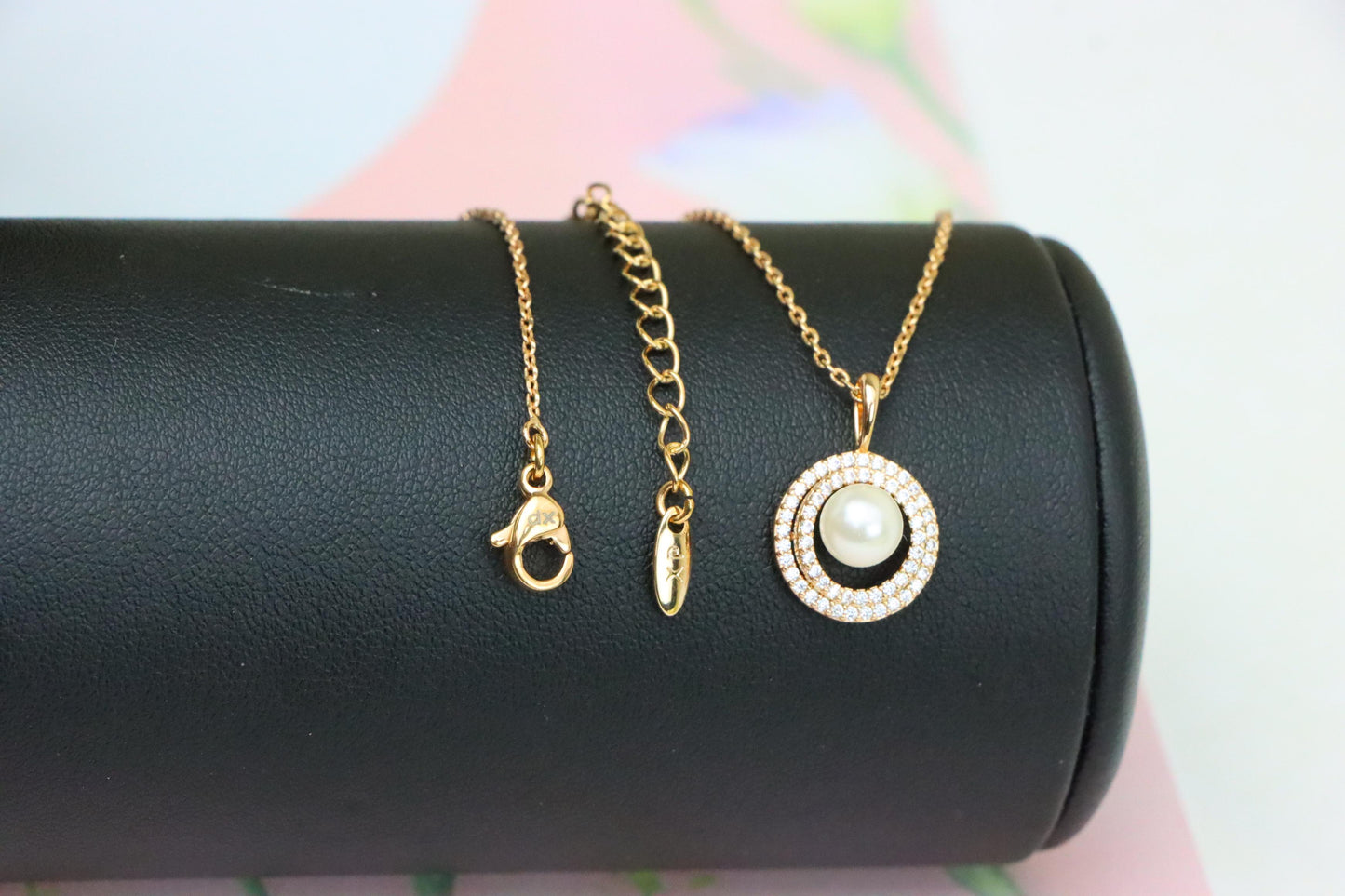 Elegant Rose Gold Pearl Pendant Necklace with Double Halo Design, XPNL1902 (2161-5)