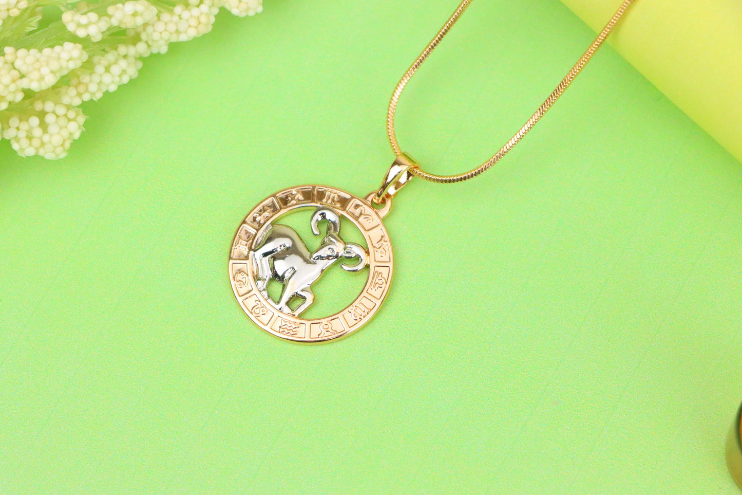 Rose Gold Zodiac Pendant with Ram Motif and Symbolic Border, XPPT1445 (2136-9)