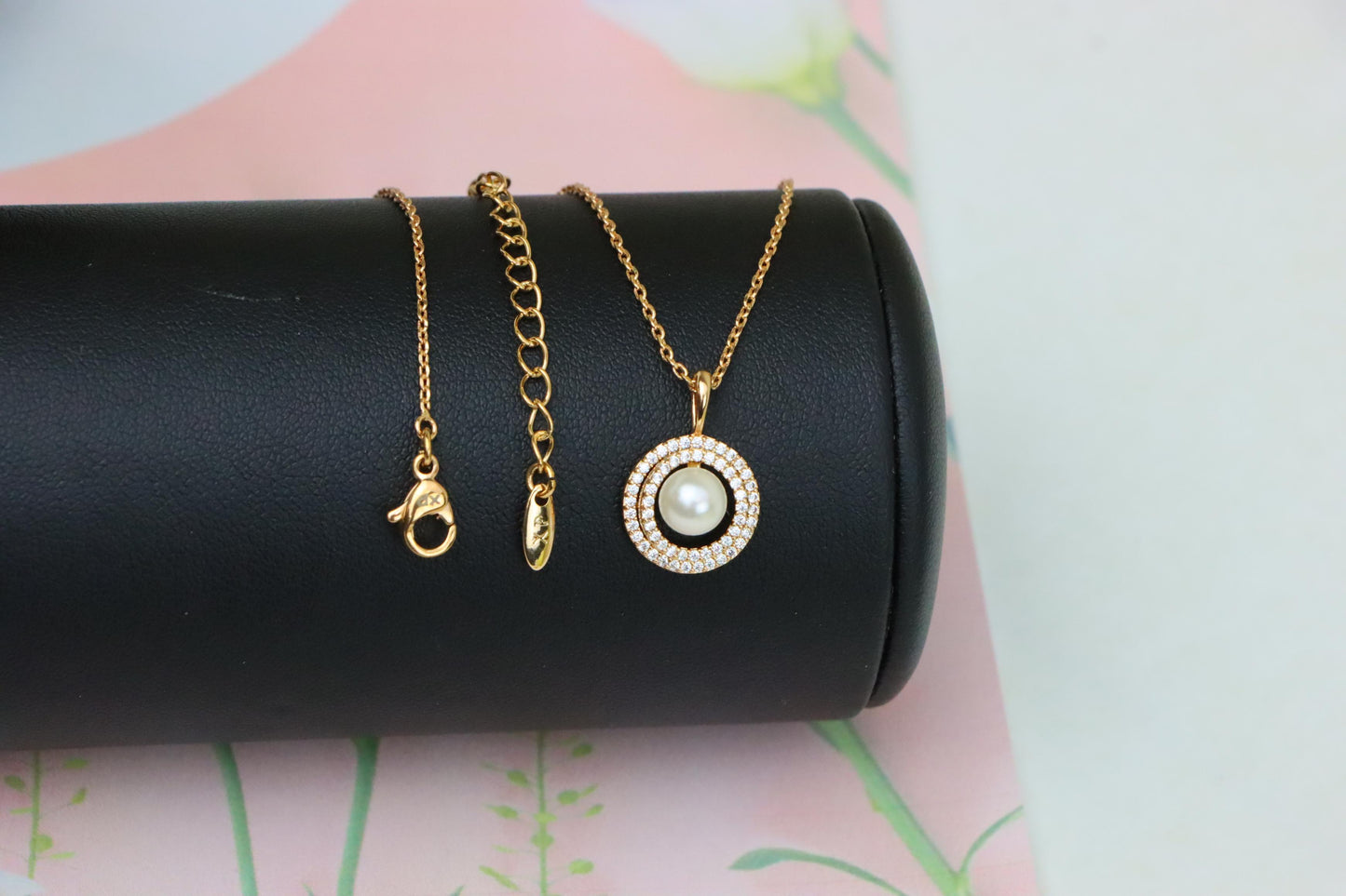 Elegant Rose Gold Pearl Pendant Necklace with Double Halo Design, XPNL1902 (2161-5)