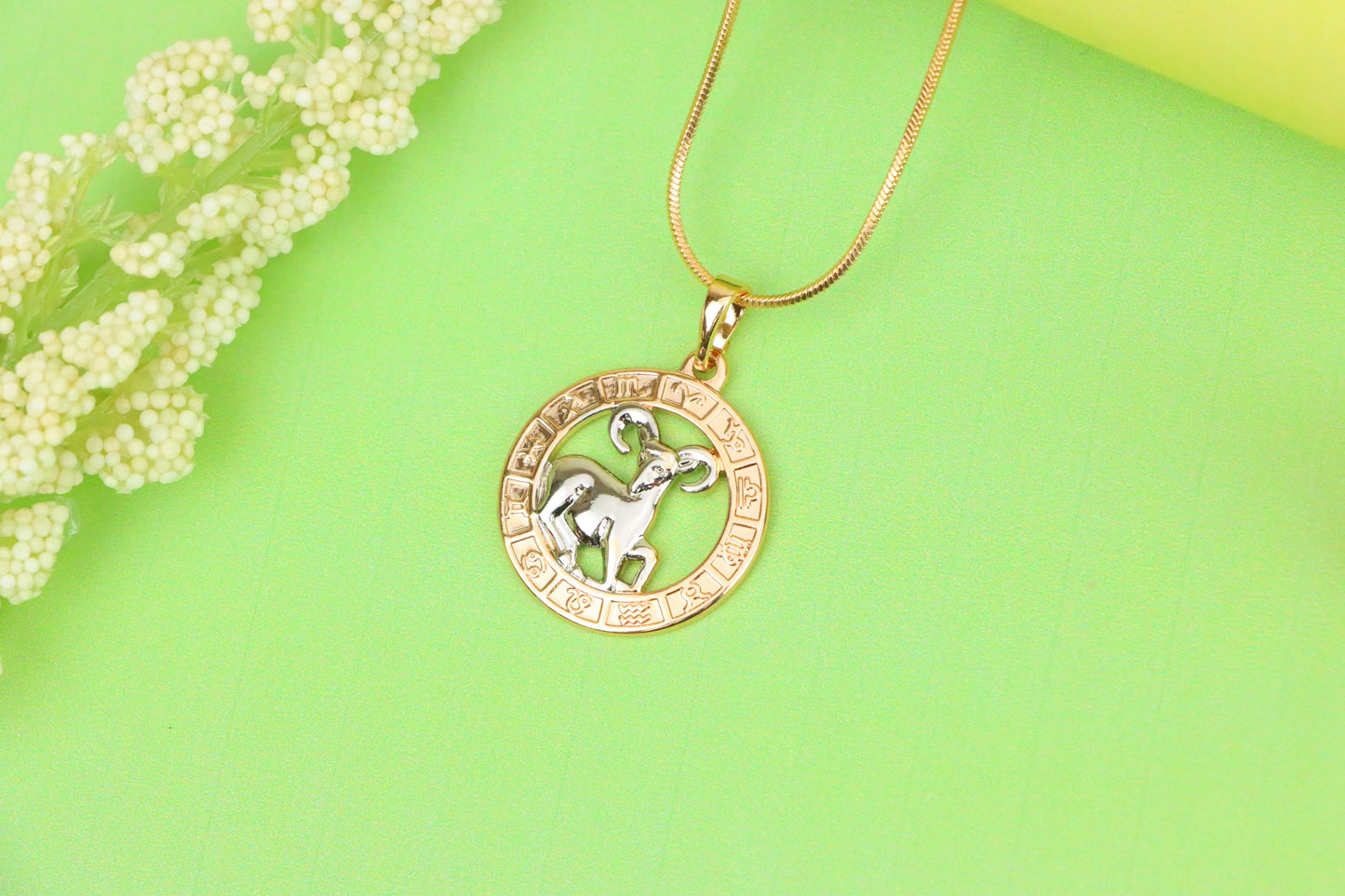 Rose Gold Zodiac Pendant with Ram Motif and Symbolic Border, XPPT1445 (2136-9)