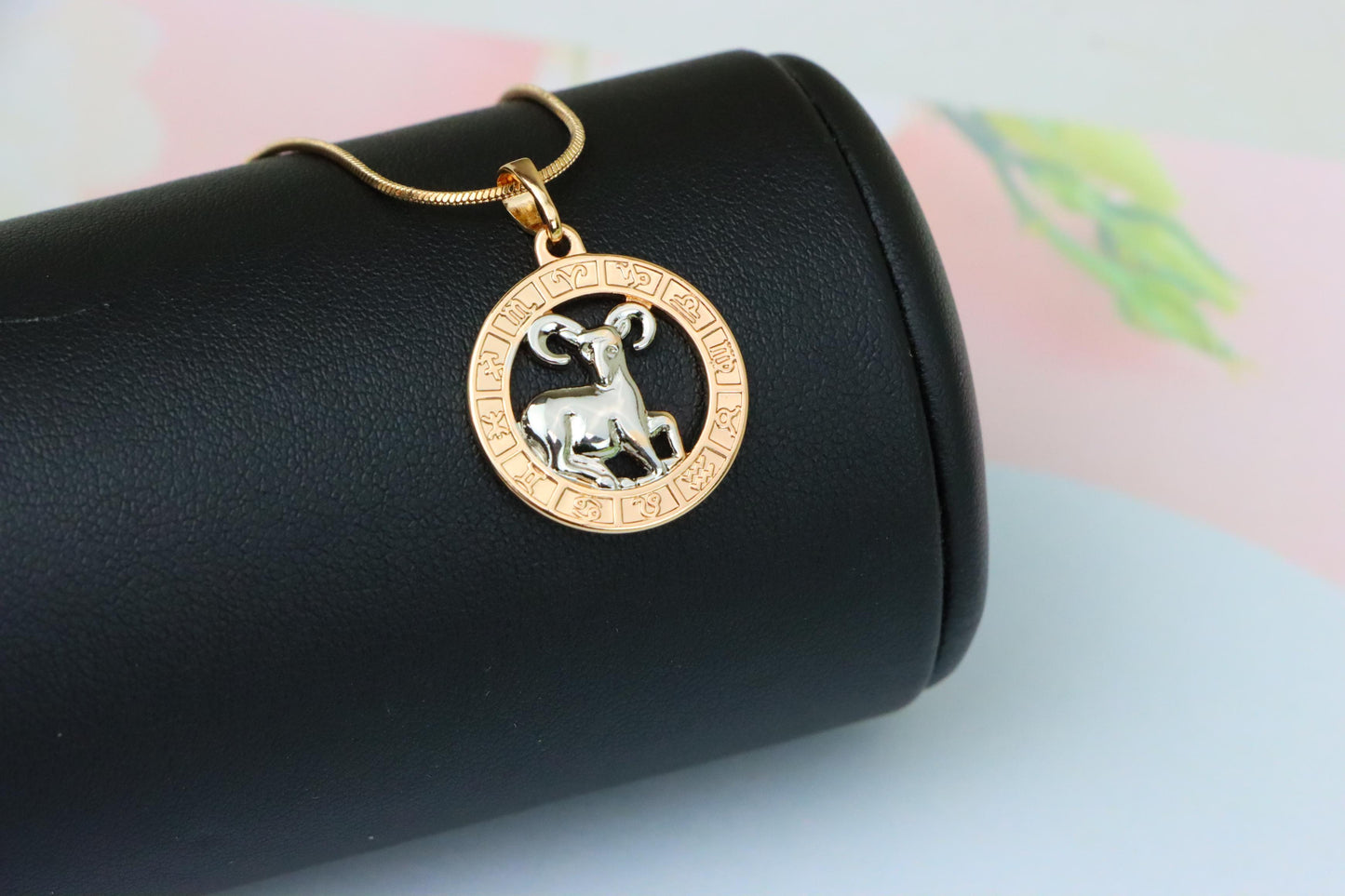 Rose Gold Zodiac Pendant with Ram Motif and Symbolic Border, XPPT1445 (2136-9)
