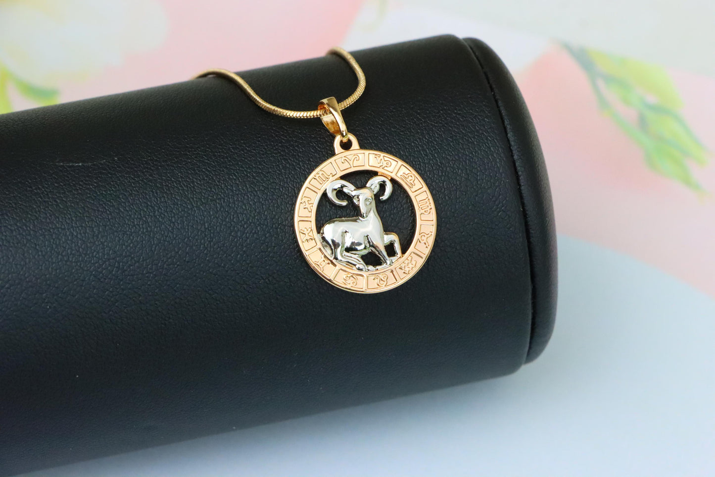 Rose Gold Zodiac Pendant with Ram Motif and Symbolic Border, XPPT1445 (2136-9)