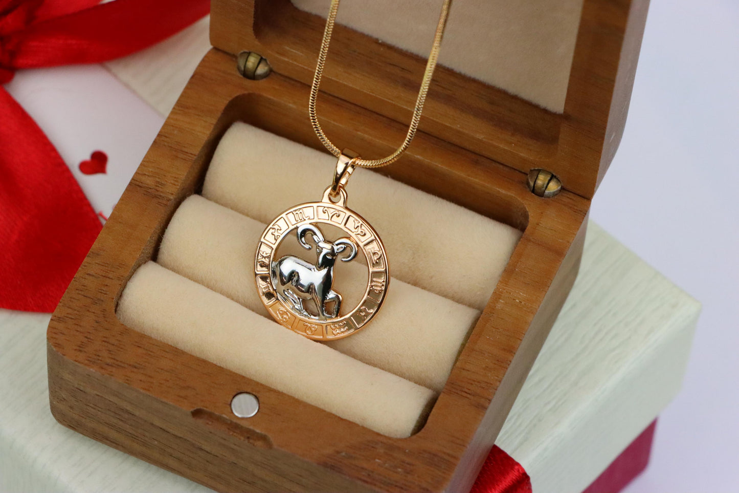 Rose Gold Zodiac Pendant with Ram Motif and Symbolic Border, XPPT1445 (2136-9)