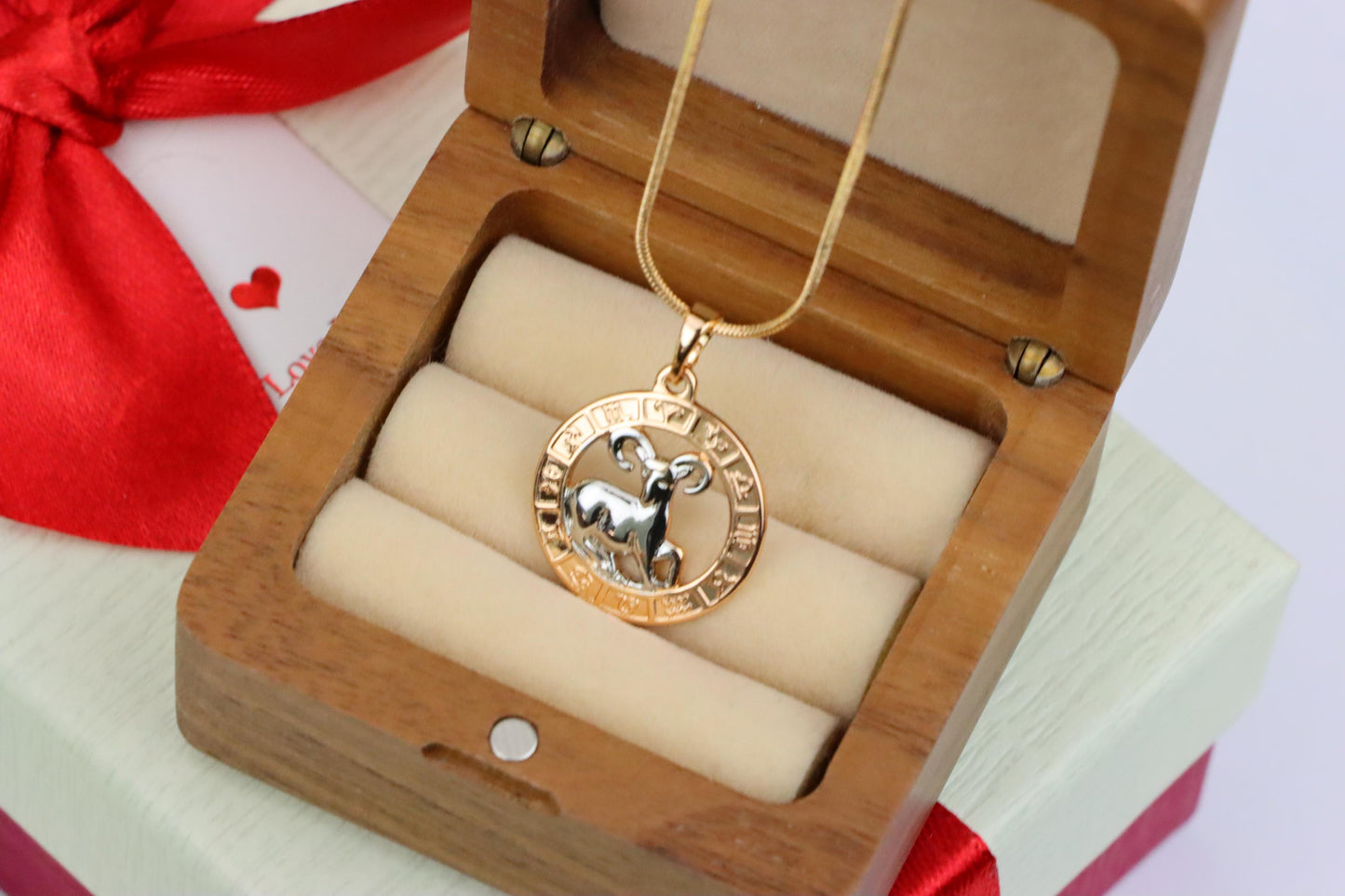 Rose Gold Zodiac Pendant with Ram Motif and Symbolic Border, XPPT1445 (2136-9)